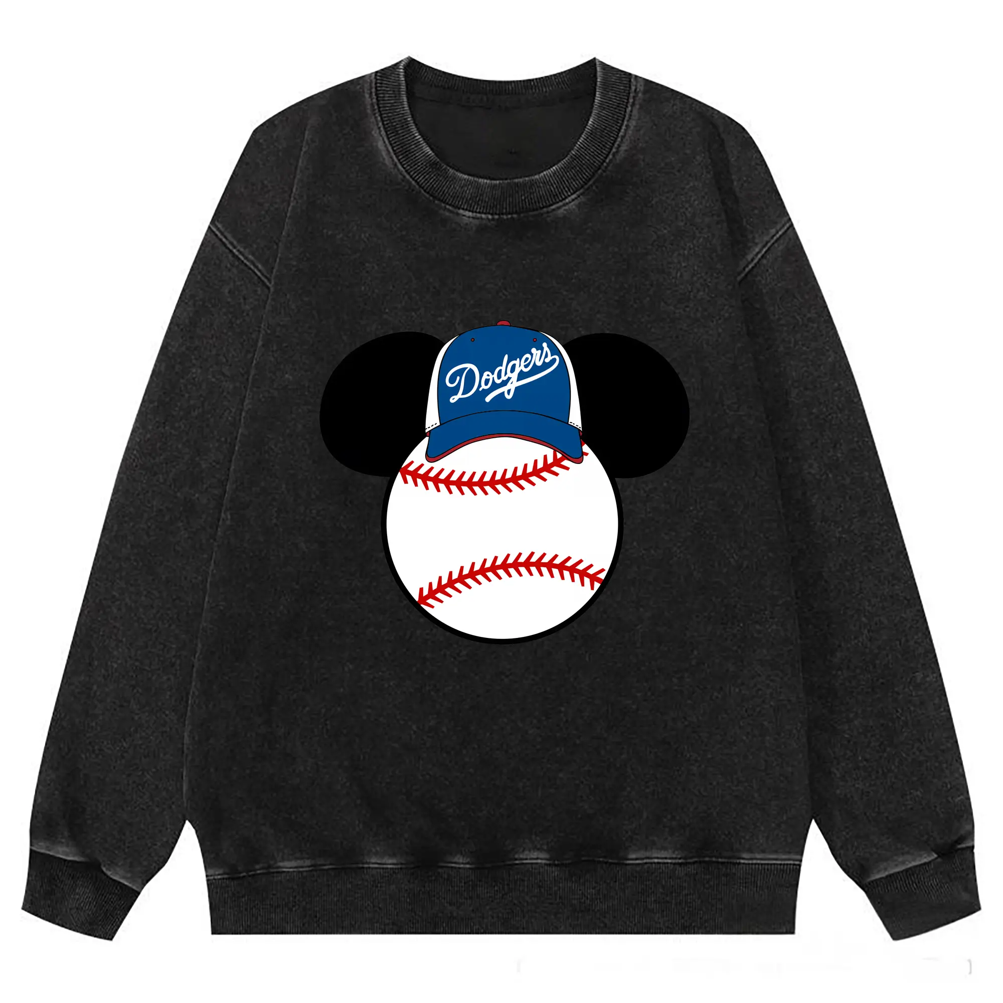 Los Angeles Dodgers Mickey Mouse Head - Washed Wax-Dyed Vintage Crewneck Sweatshirt – 80% Cotton, 20% Polyester – Soft, Durable & Stylish – Ideal For Sports, Casual & Everyday Wear