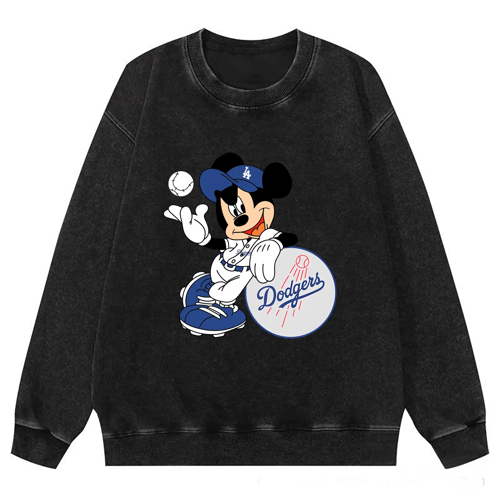 Mickey Mouse Los Angeles Dodgers - Washed Wax-Dyed Vintage Crewneck Sweatshirt – 80% Cotton, 20% Polyester – Soft, Durable & Stylish – Ideal For Sports, Casual & Everyday Wear