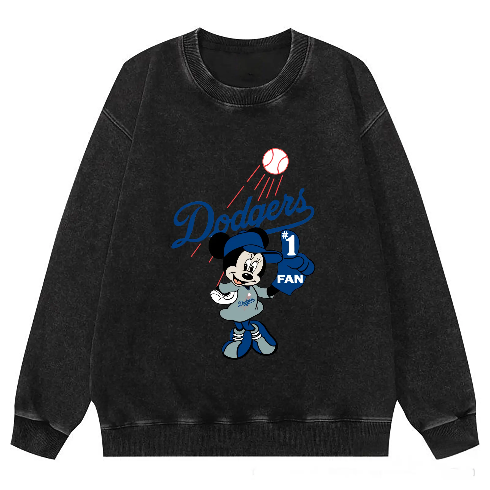 Minnie Mouse Los Angeles Dodgers Baseball - Washed Wax-Dyed Vintage Crewneck Sweatshirt – 80% Cotton, 20% Polyester – Soft, Durable & Stylish – Ideal For Sports, Casual & Everyday Wear
