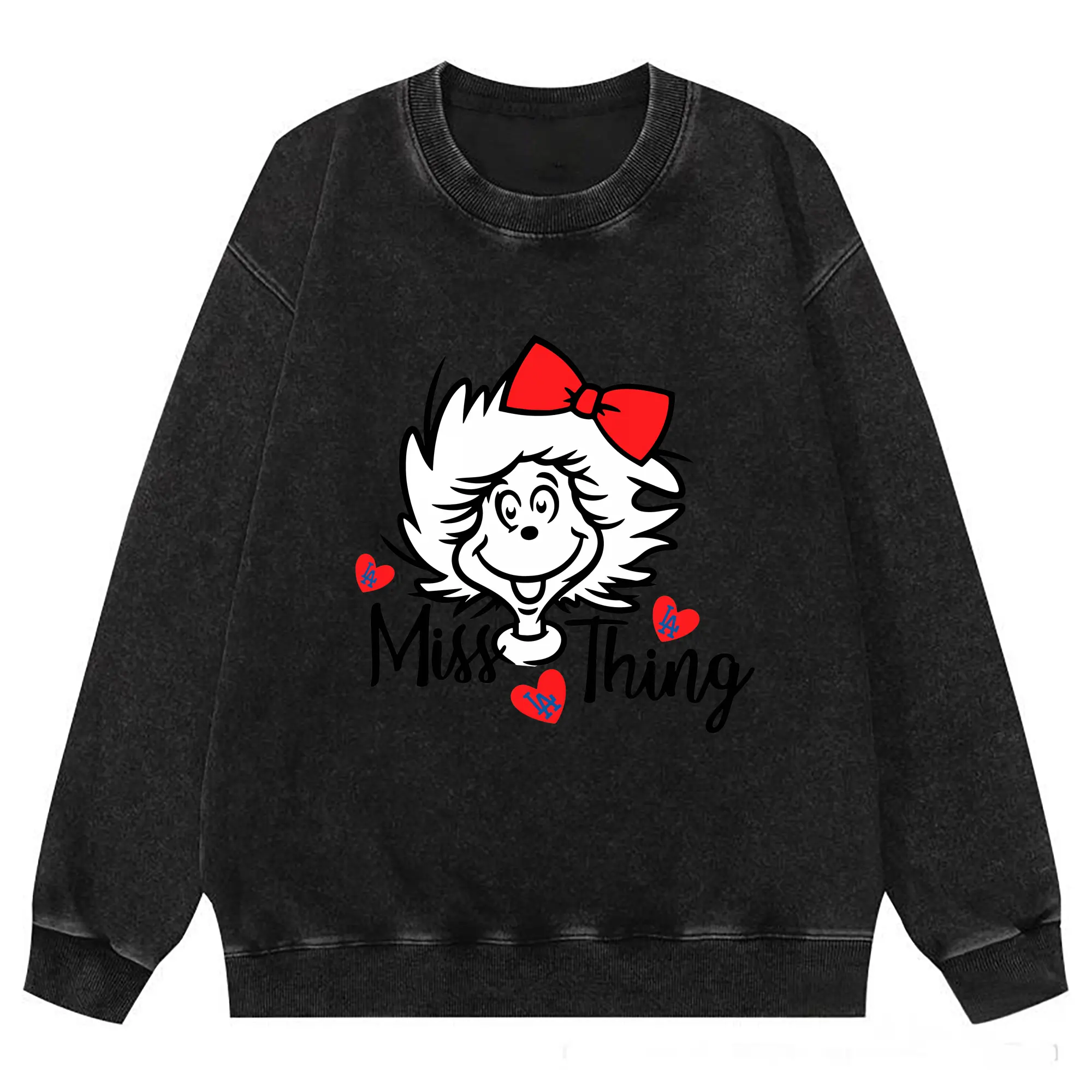 Miss Thing Dr Seuss Hearts Los Angeles Dodgers - Washed Wax-Dyed Vintage Crewneck Sweatshirt – 80% Cotton, 20% Polyester – Soft, Durable & Stylish – Ideal For Sports, Casual & Everyday Wear