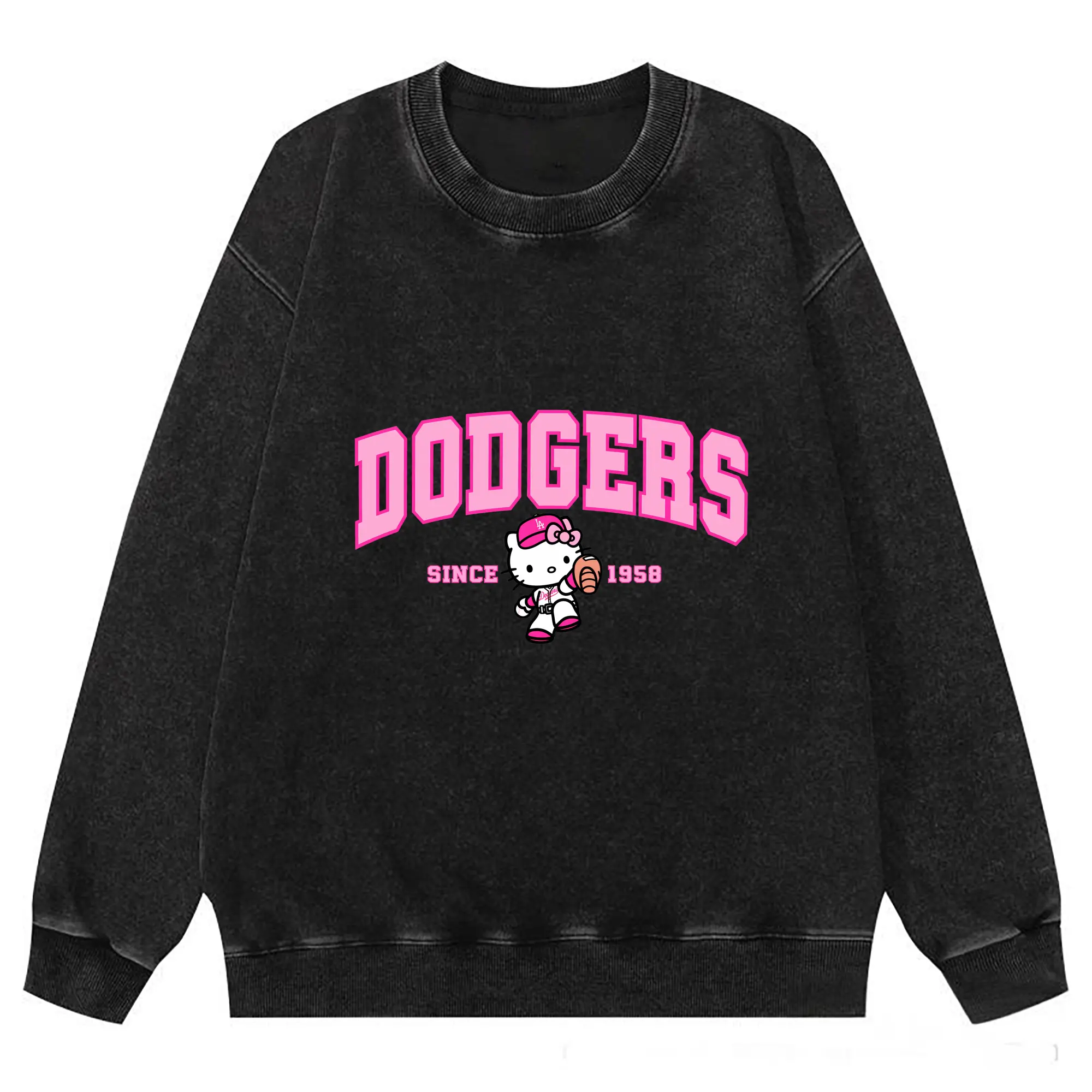 Pink Baseball Hello Kitty Dodgers - Washed Wax-Dyed Vintage Crewneck Sweatshirt – 80% Cotton, 20% Polyester – Soft, Durable & Stylish – Ideal For Sports, Casual & Everyday Wear