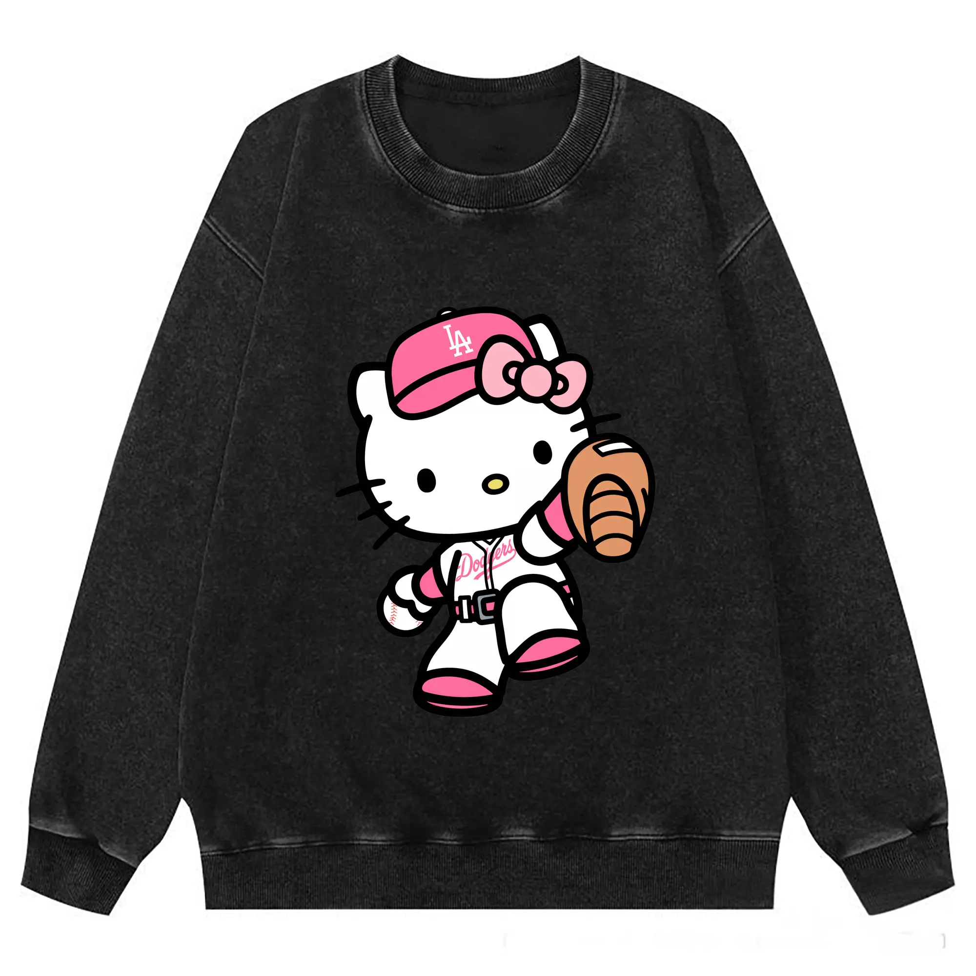 Pink Hello Kitty Play Baseball Los Angeles Dodgers - Washed Wax-Dyed Vintage Crewneck Sweatshirt – 80% Cotton, 20% Polyester – Soft, Durable & Stylish – Ideal For Sports, Casual & Everyday Wear