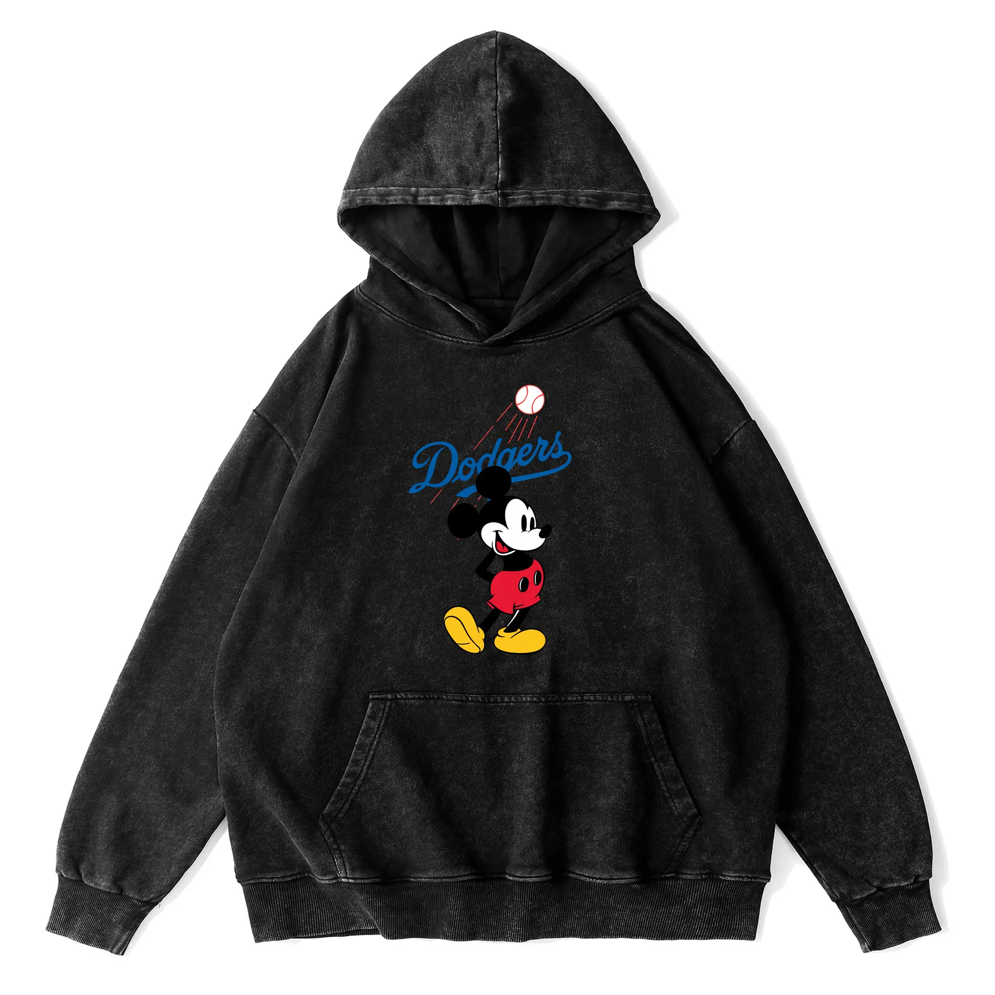 Baseball Mickey Mouse Los Angeles Dodgers - Vintage Washed Wax-Dyed Hoodie – 80% Cotton, 20% Polyester – Soft, Durable & Stylish – Perfect For Sports, Casual & Everyday Wear