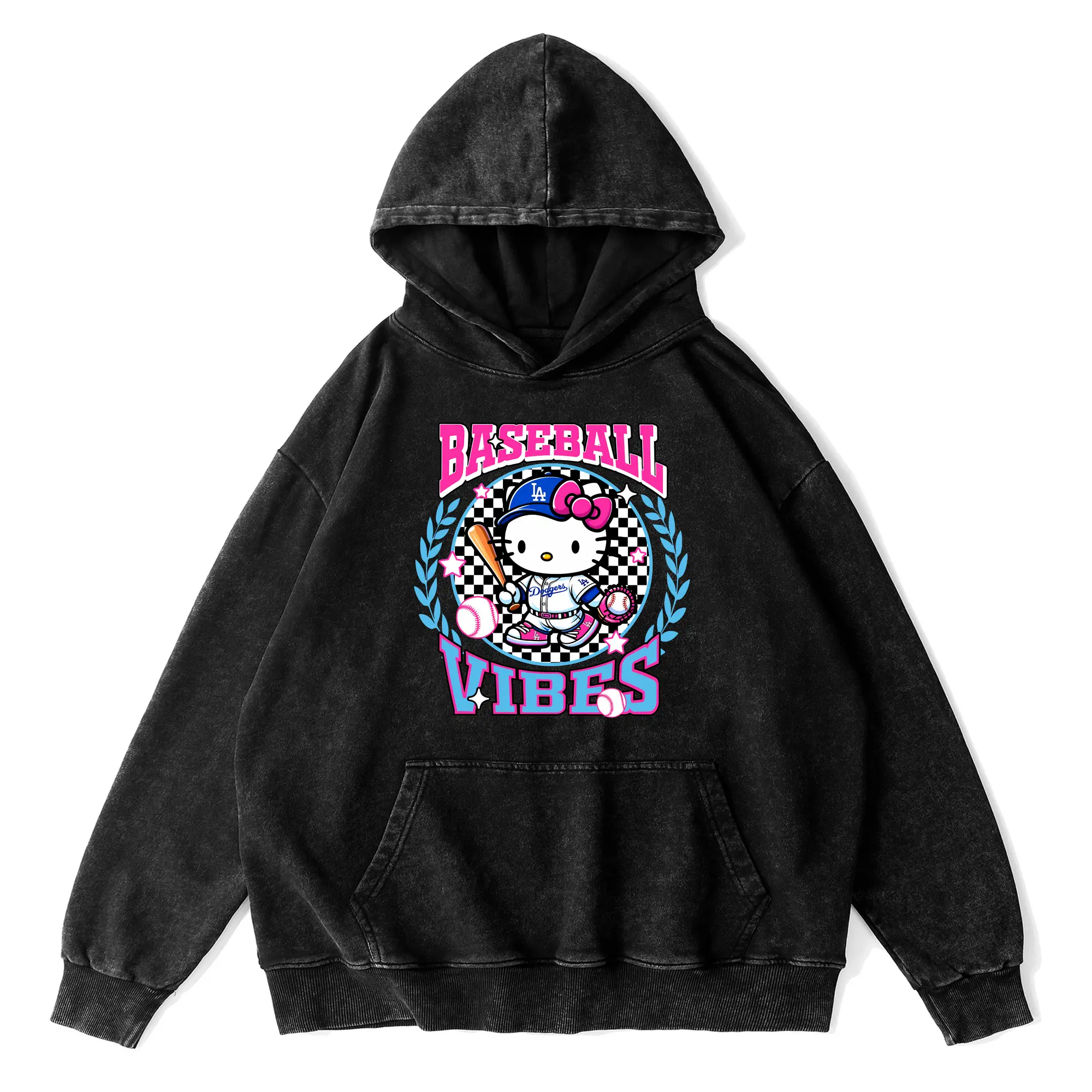 Baseball Vibes Hello Kitty Los Angeles Dodgers - Vintage Washed Wax-Dyed Hoodie – 80% Cotton, 20% Polyester – Soft, Durable & Stylish – Perfect For Sports, Casual & Everyday Wear