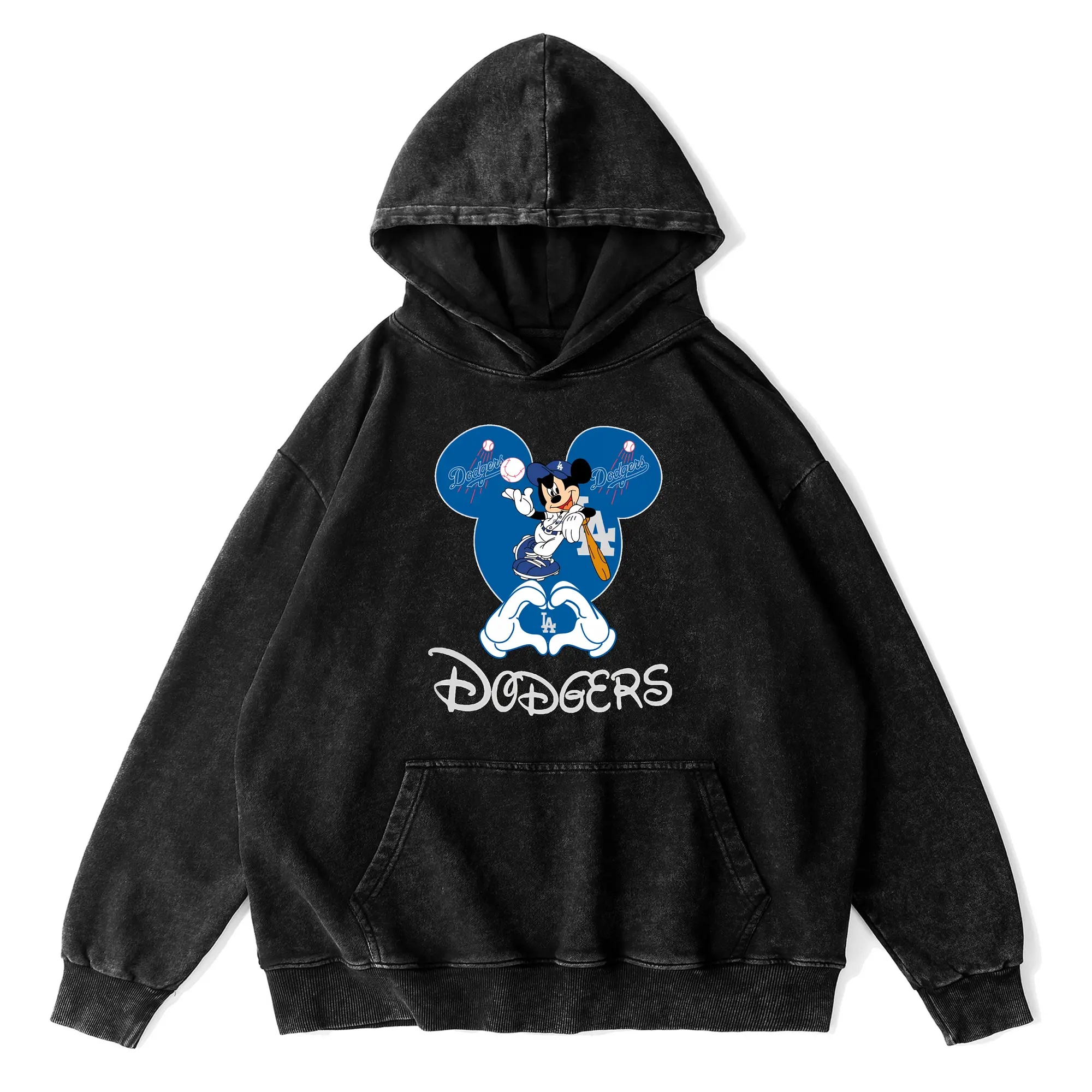 Disney Mickey Mouse Loves Los Angeles Dodgers Heart - Vintage Washed Wax-Dyed Hoodie – 80% Cotton, 20% Polyester – Soft, Durable & Stylish – Perfect For Sports, Casual & Everyday Wear