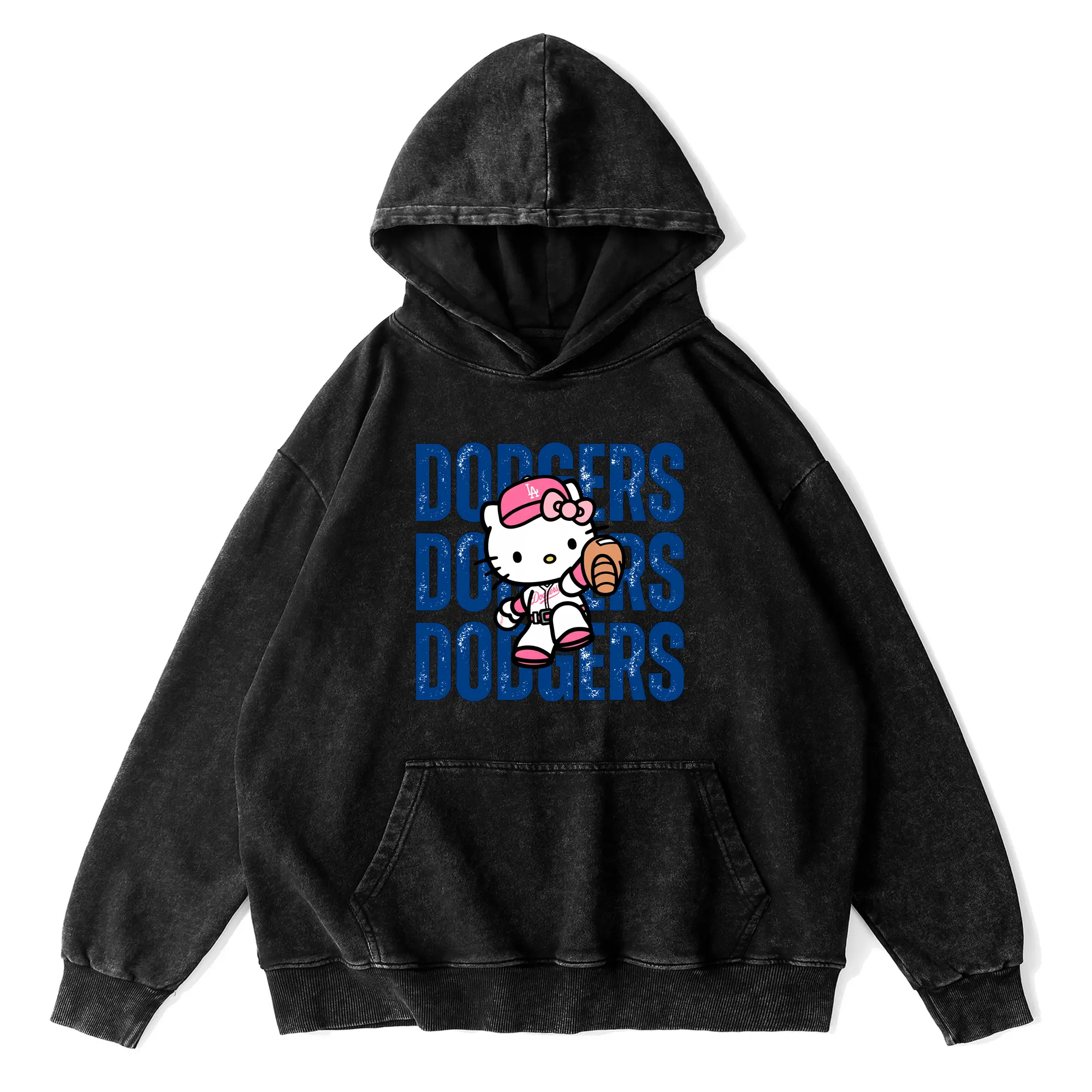 Dodgers Baseball Hello Kitty - Vintage Washed Wax-Dyed Hoodie – 80% Cotton, 20% Polyester – Soft, Durable & Stylish – Perfect For Sports, Casual & Everyday Wear