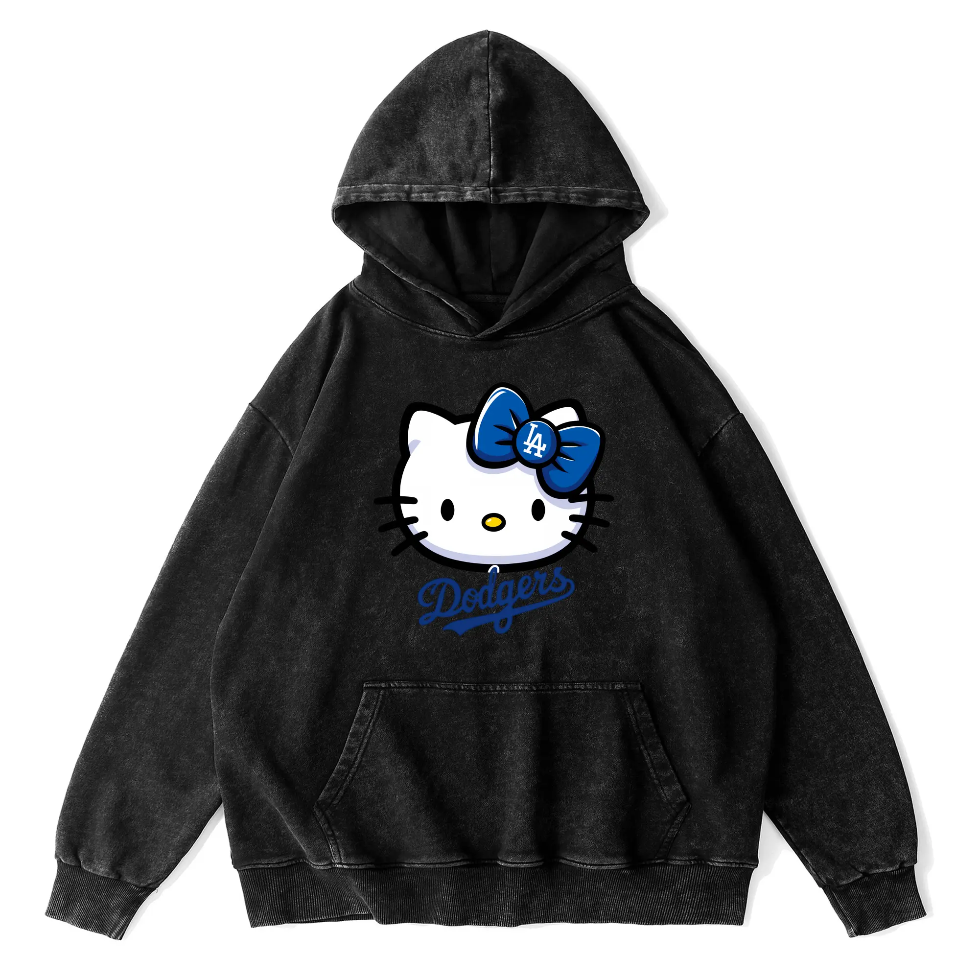 Hello Kitty Baseball LA Dodgers - Vintage Washed Wax-Dyed Hoodie – 80% Cotton, 20% Polyester – Soft, Durable & Stylish – Perfect For Sports, Casual & Everyday Wear