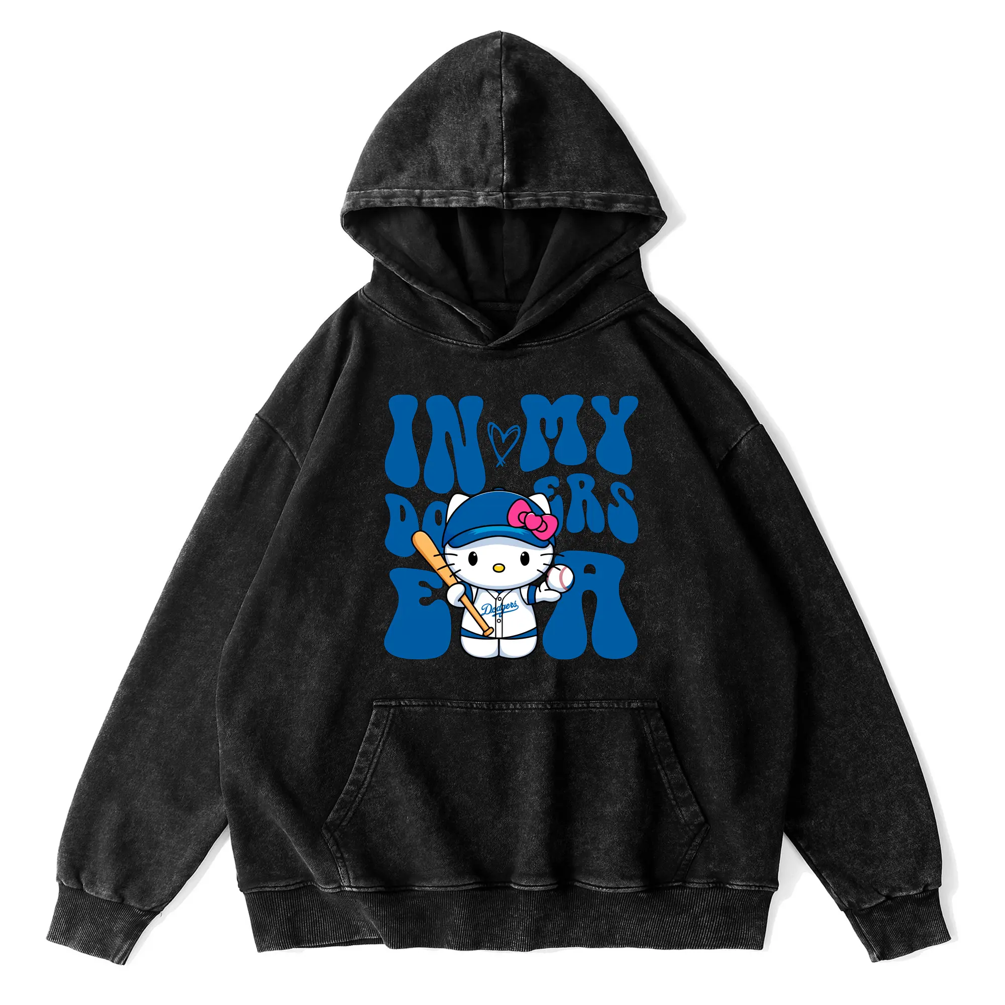 In My Dodgers Era Hello Kitty Baseball - Vintage Washed Wax-Dyed Hoodie – 80% Cotton, 20% Polyester – Soft, Durable & Stylish – Perfect For Sports, Casual & Everyday Wear