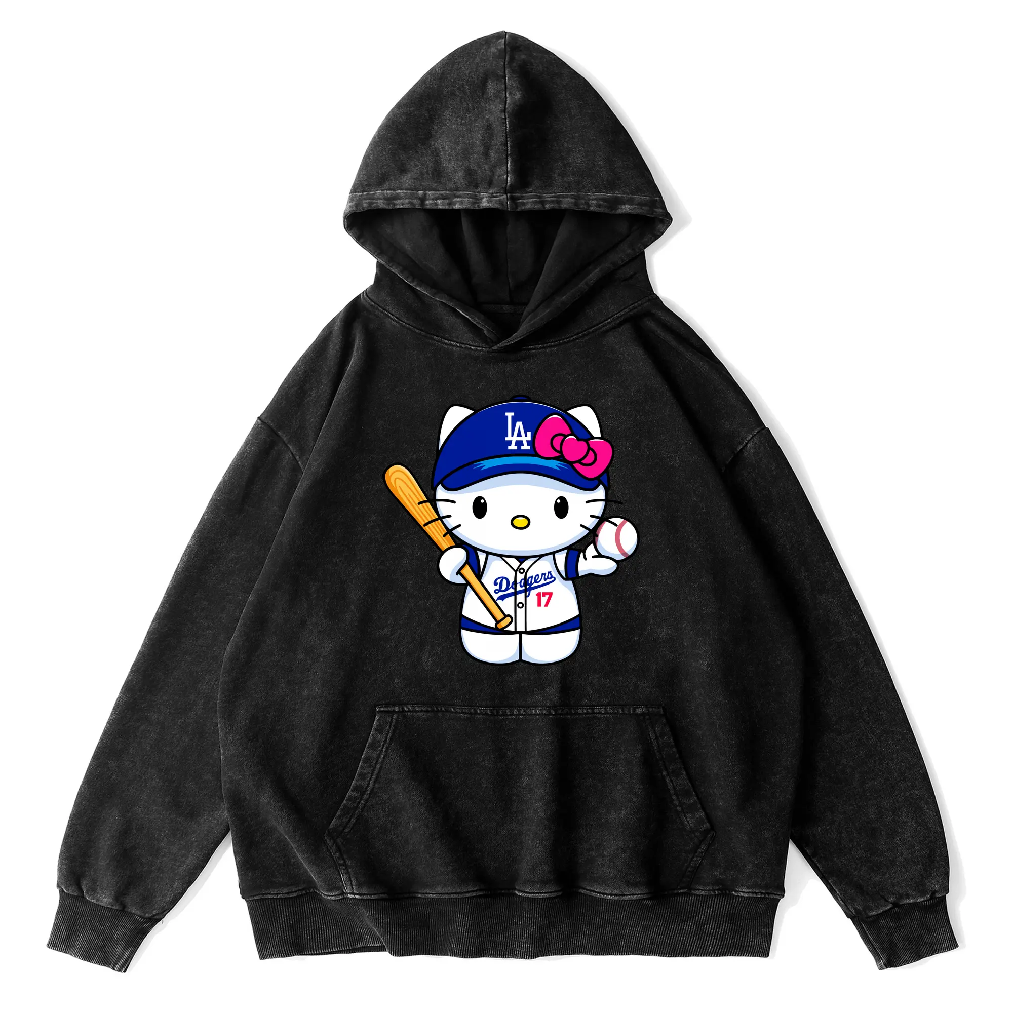 LA Dodgers Hello Kitty MLB Team - Vintage Washed Wax-Dyed Hoodie – 80% Cotton, 20% Polyester – Soft, Durable & Stylish – Perfect For Sports, Casual & Everyday Wear