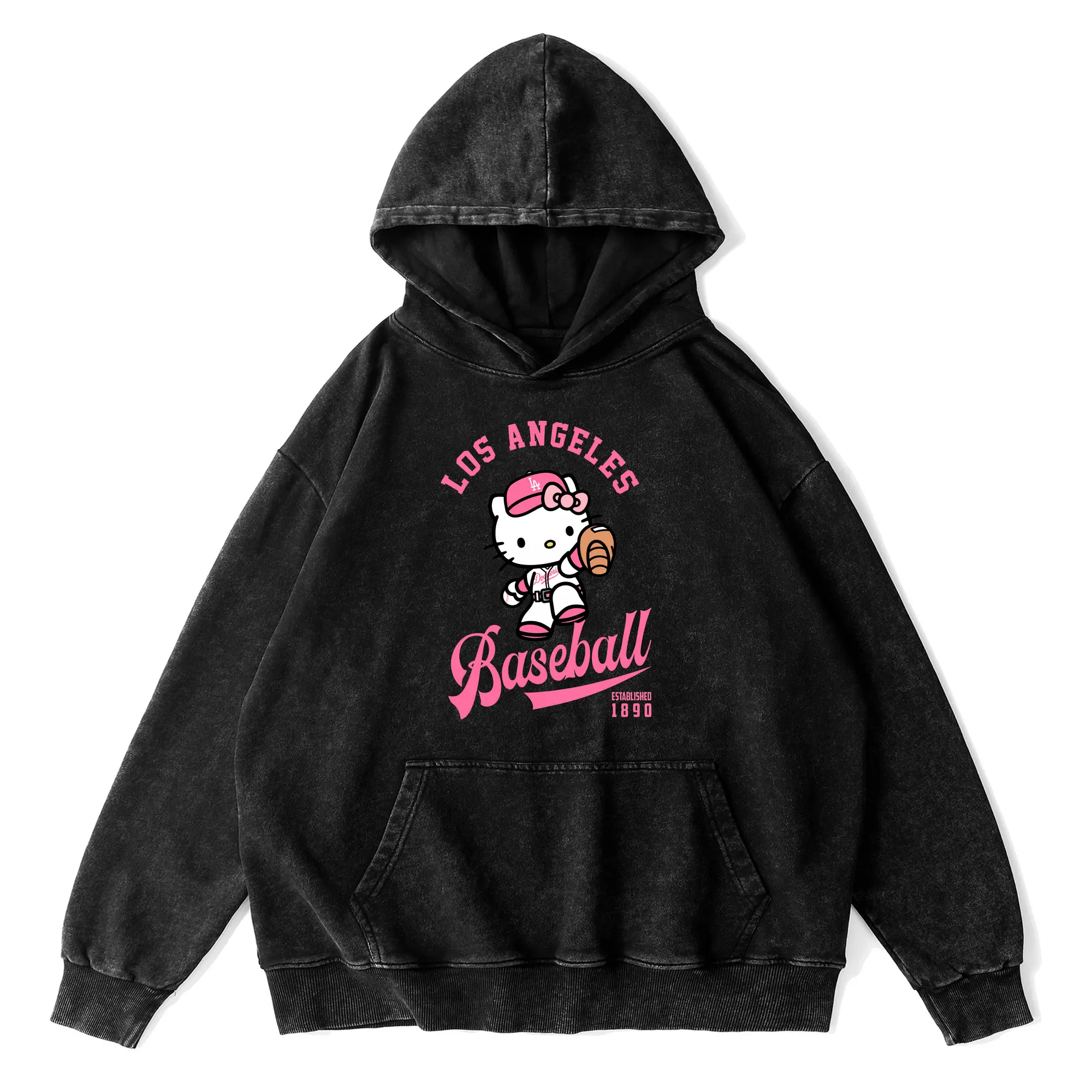 Los Angeles Baseball Hello Kitty - Vintage Washed Wax-Dyed Hoodie – 80% Cotton, 20% Polyester – Soft, Durable & Stylish – Perfect For Sports, Casual & Everyday Wear