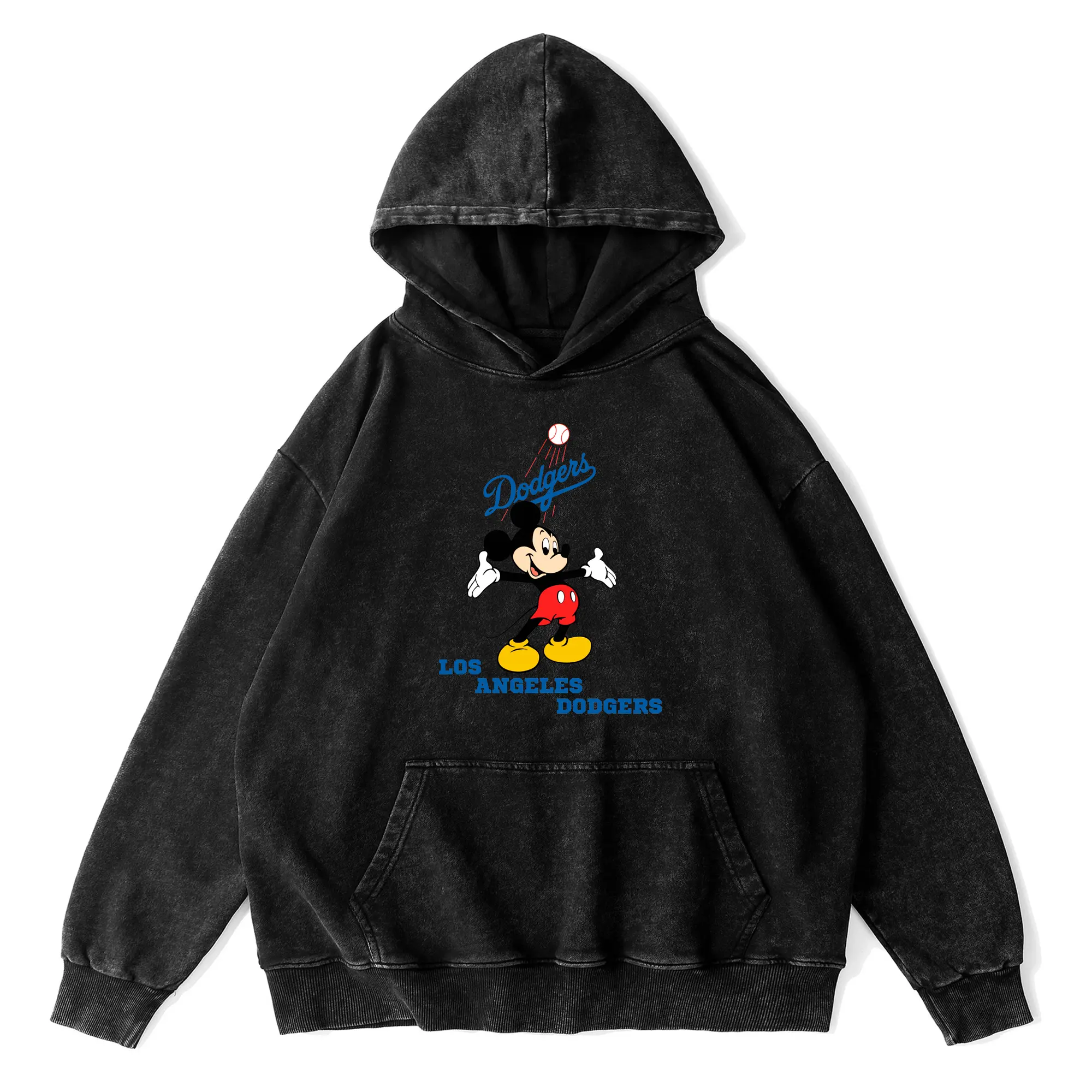 Los Angeles Dodgers Mickey Mouse Baseball - Vintage Washed Wax-Dyed Hoodie – 80% Cotton, 20% Polyester – Soft, Durable & Stylish – Perfect For Sports, Casual & Everyday Wear