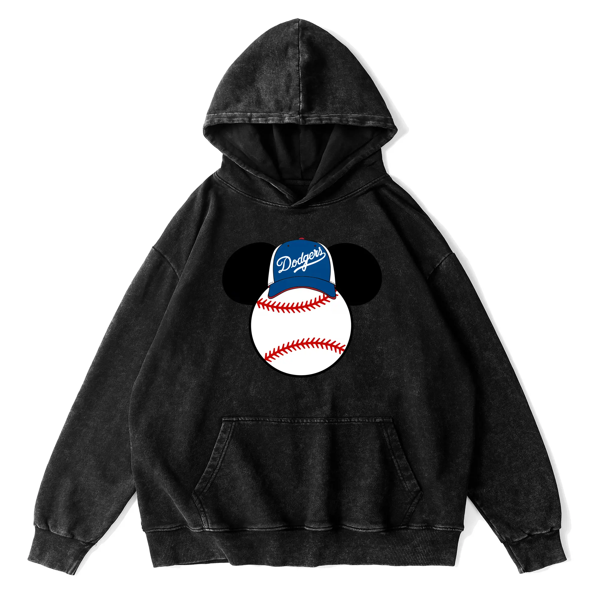 Los Angeles Dodgers Mickey Mouse Head - Vintage Washed Wax-Dyed Hoodie – 80% Cotton, 20% Polyester – Soft, Durable & Stylish – Perfect For Sports, Casual & Everyday Wear