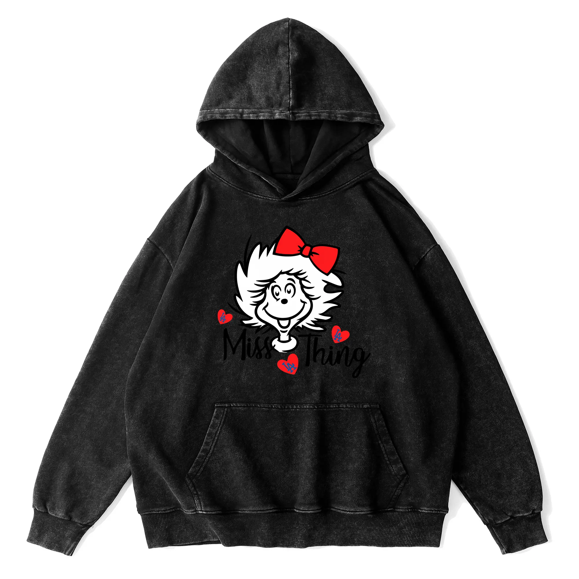 Miss Thing Dr Seuss Hearts Los Angeles Dodgers - Vintage Washed Wax-Dyed Hoodie – 80% Cotton, 20% Polyester – Soft, Durable & Stylish – Perfect For Sports, Casual & Everyday Wear