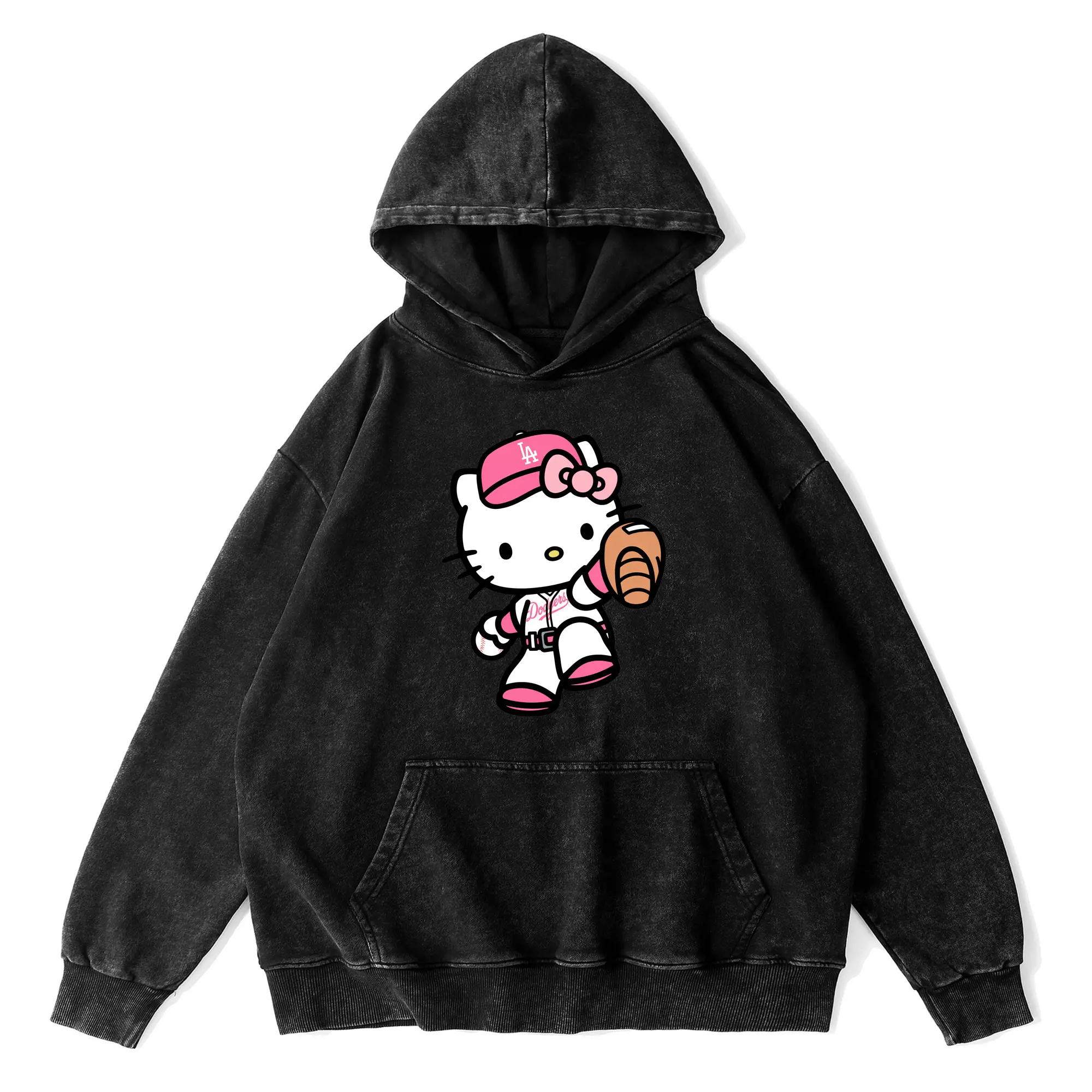 Pink Hello Kitty Play Baseball Los Angeles Dodgers - Vintage Washed Wax-Dyed Hoodie – 80% Cotton, 20% Polyester – Soft, Durable & Stylish – Perfect For Sports, Casual & Everyday Wear