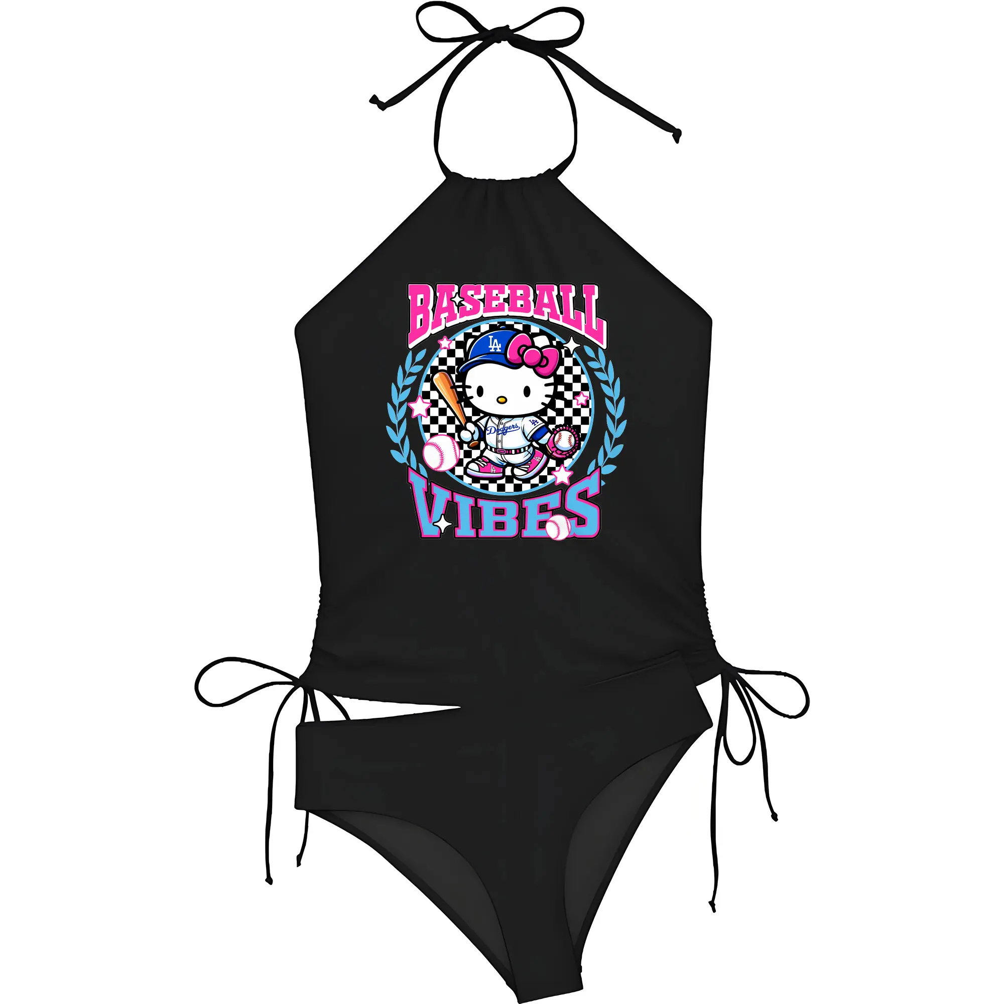 Baseball Vibes Hello Kitty Los Angeles Dodgers - Women's Heat Transfer Printed Two-Piece Bikini Set – Sexy One-Shoulder Top & Triangle Bottom, Soft Nylon-Spandex – Perfect for Beach, Pool & Vacation