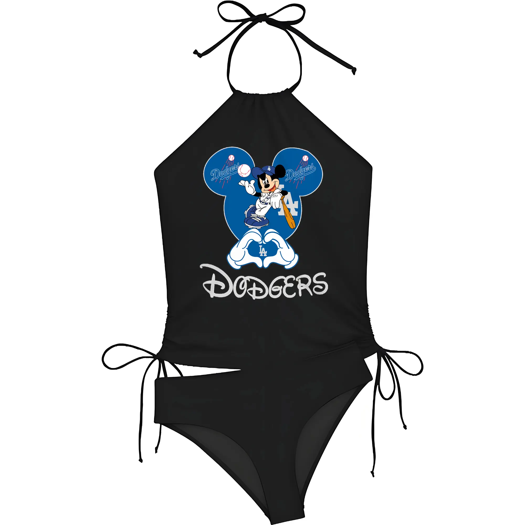Disney Mickey Mouse Loves Los Angeles Dodgers Heart - Women's Heat Transfer Printed Two-Piece Bikini Set – Sexy One-Shoulder Top & Triangle Bottom, Soft Nylon-Spandex – Perfect for Beach, Pool & Vacation