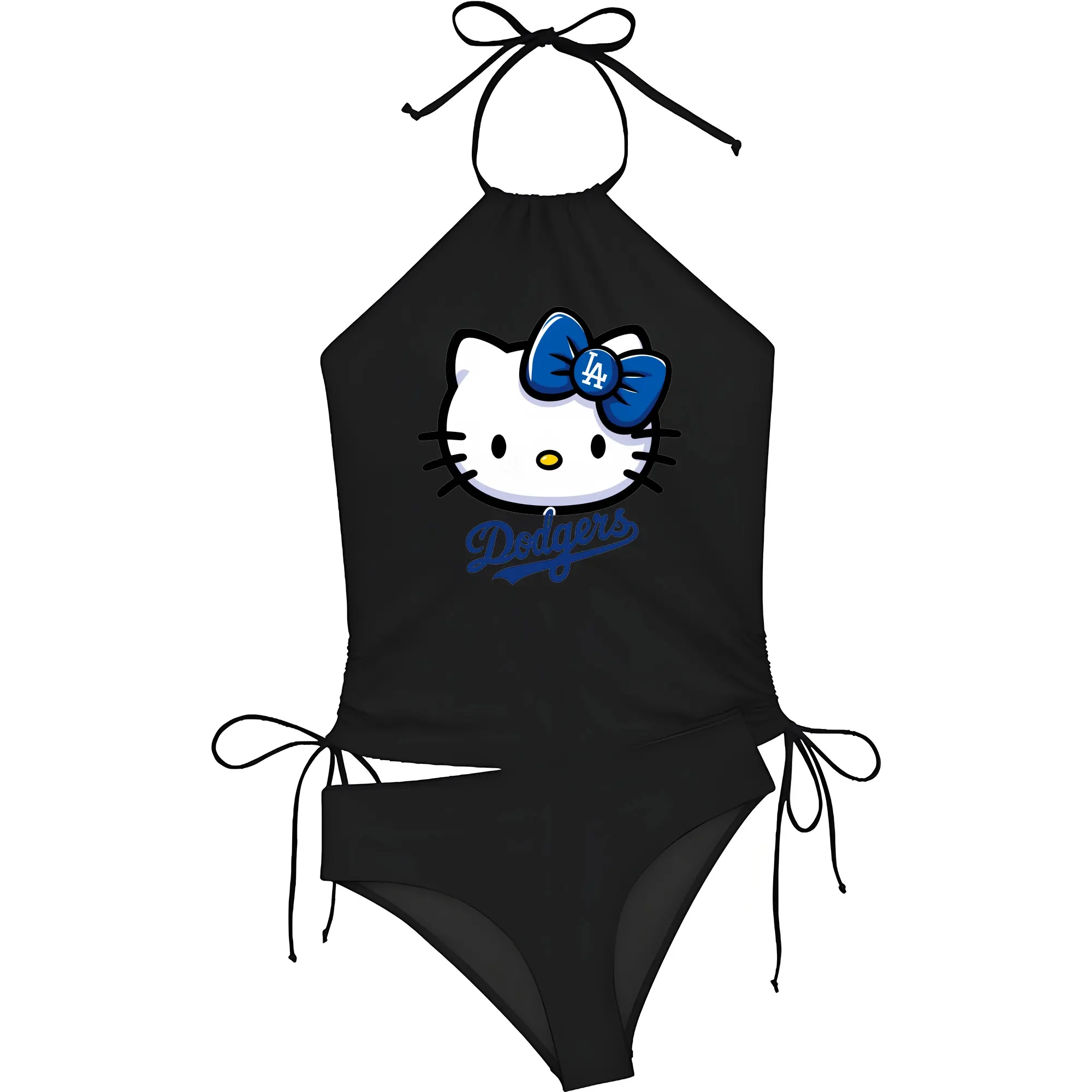 Hello Kitty Baseball LA Dodgers - Women's Heat Transfer Printed Two-Piece Bikini Set – Sexy One-Shoulder Top & Triangle Bottom, Soft Nylon-Spandex – Perfect for Beach, Pool & Vacation