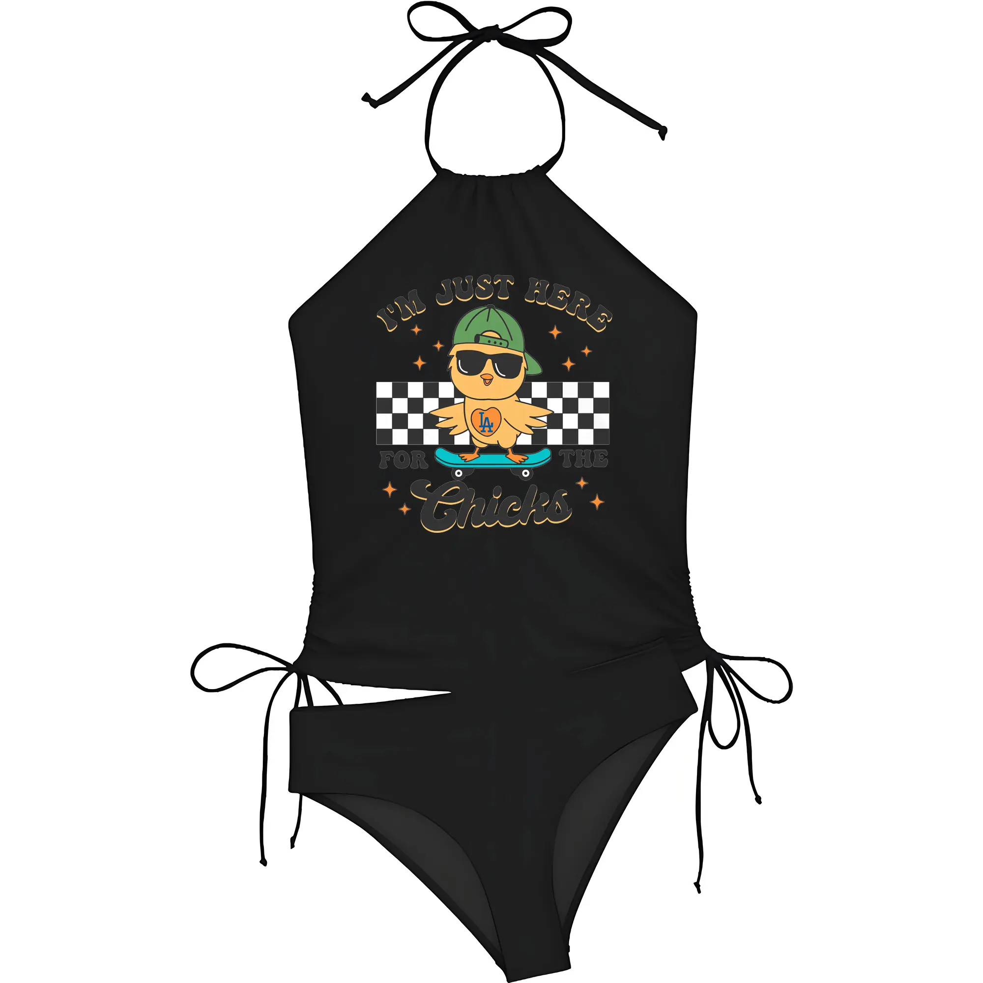 Im Just Here For The Chicks Los Angeles Dodgers - Women's Heat Transfer Printed Two-Piece Bikini Set – Sexy One-Shoulder Top & Triangle Bottom, Soft Nylon-Spandex – Perfect for Beach, Pool & Vacation