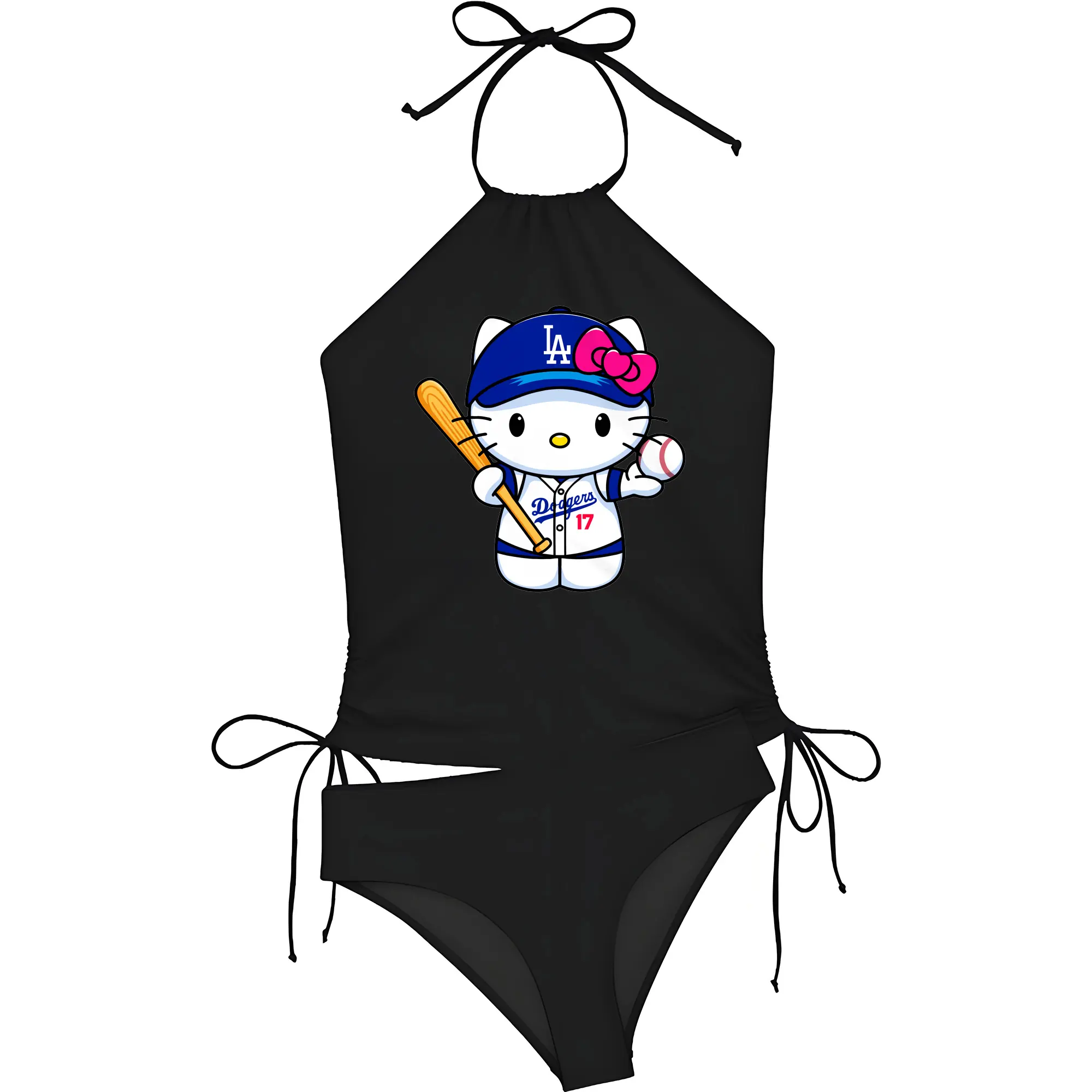 LA Dodgers Hello Kitty MLB Team - Women's Heat Transfer Printed Two-Piece Bikini Set – Sexy One-Shoulder Top & Triangle Bottom, Soft Nylon-Spandex – Perfect for Beach, Pool & Vacation