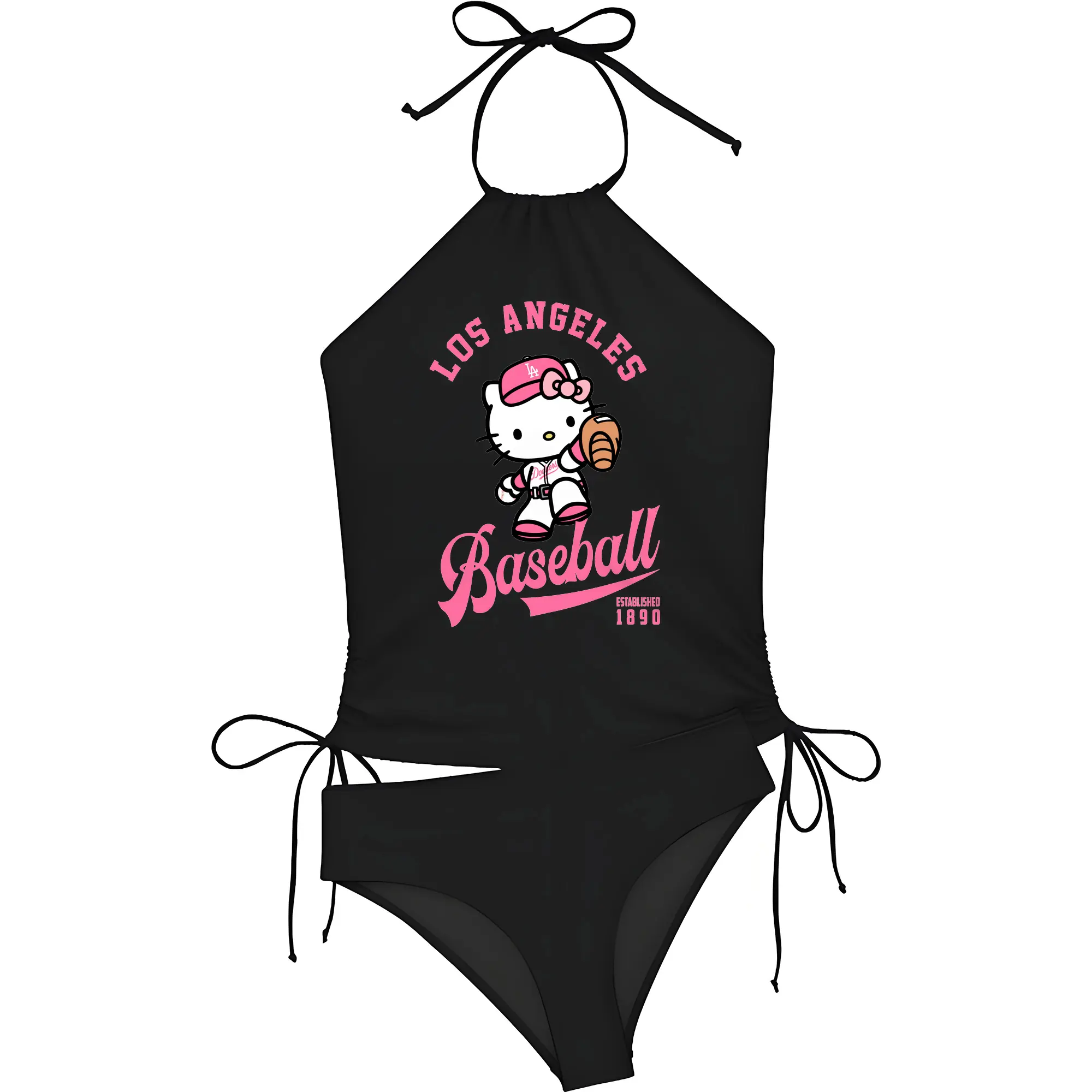 Los Angeles Baseball Hello Kitty - Women's Heat Transfer Printed Two-Piece Bikini Set – Sexy One-Shoulder Top & Triangle Bottom, Soft Nylon-Spandex – Perfect for Beach, Pool & Vacation
