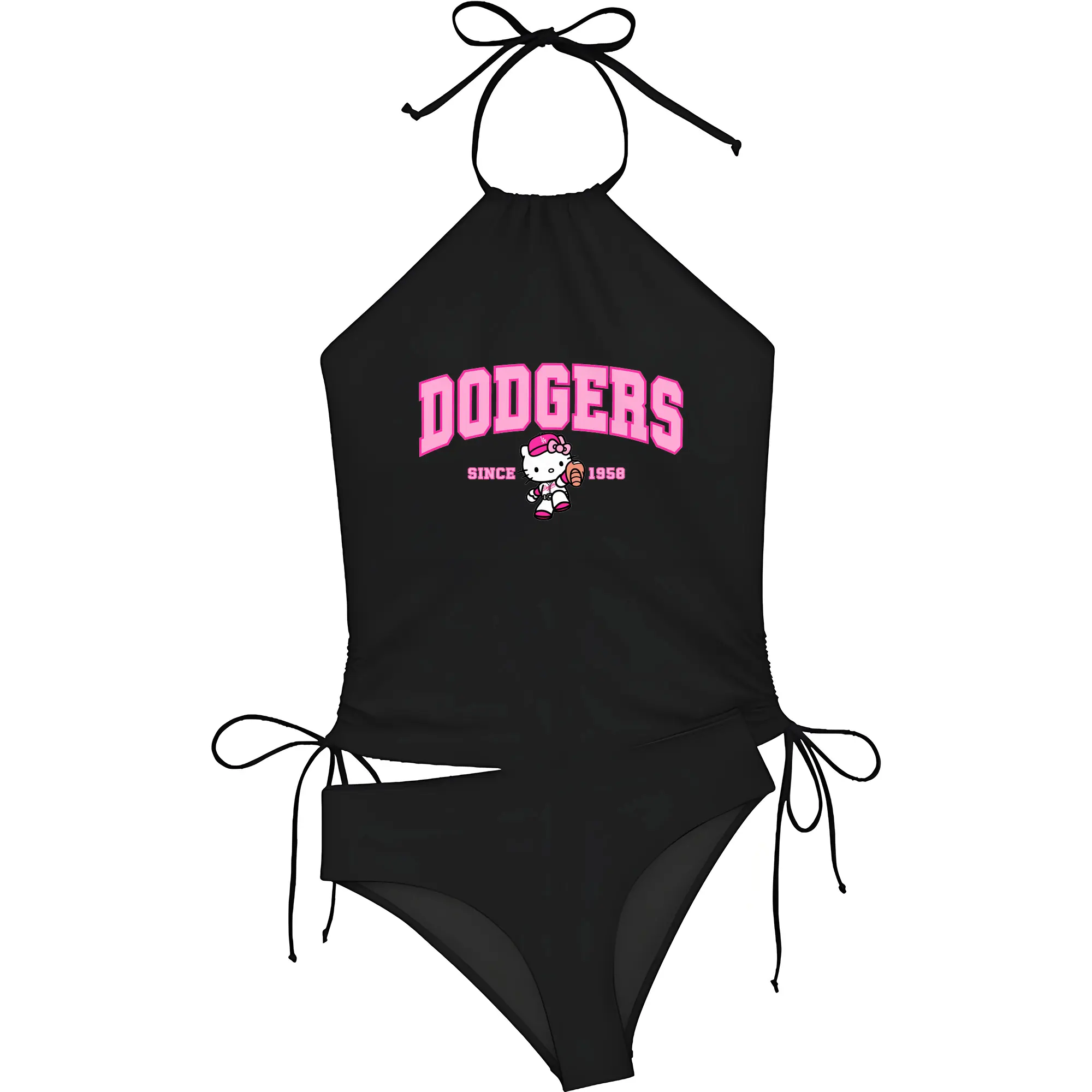 Pink Baseball Hello Kitty Dodgers - Women's Heat Transfer Printed Two-Piece Bikini Set – Sexy One-Shoulder Top & Triangle Bottom, Soft Nylon-Spandex – Perfect for Beach, Pool & Vacation