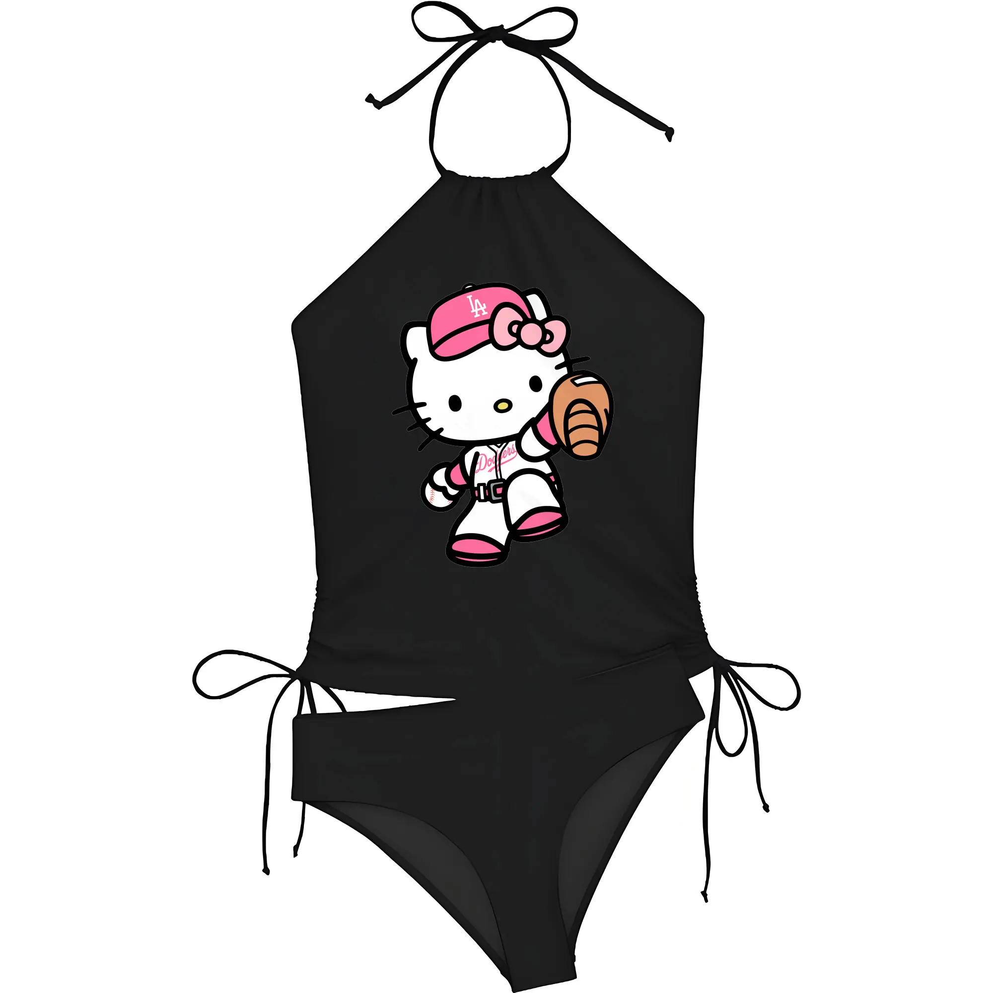 Pink Hello Kitty Play Baseball Los Angeles Dodgers - Women's Heat Transfer Printed Two-Piece Bikini Set – Sexy One-Shoulder Top & Triangle Bottom, Soft Nylon-Spandex – Perfect for Beach, Pool & Vacation