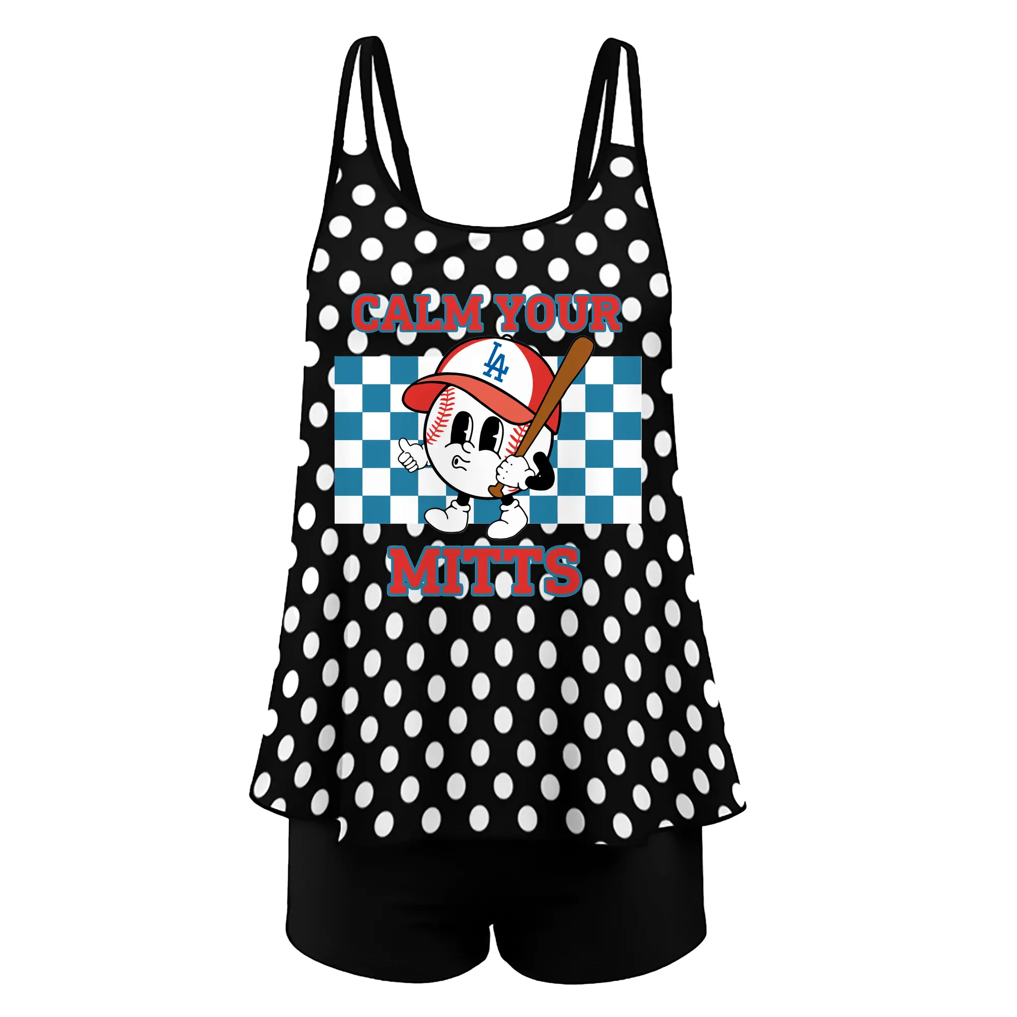 Baseball Calm Your Mitts Los Angeles Dodgers - Women’s Heat Transfer Printed Two-Piece Swimsuit Set – Sexy Double Strap Bandeau Top & Boyshort Bottoms, Soft Nylon-Spandex – Perfect for Beach, Pool & Vacation