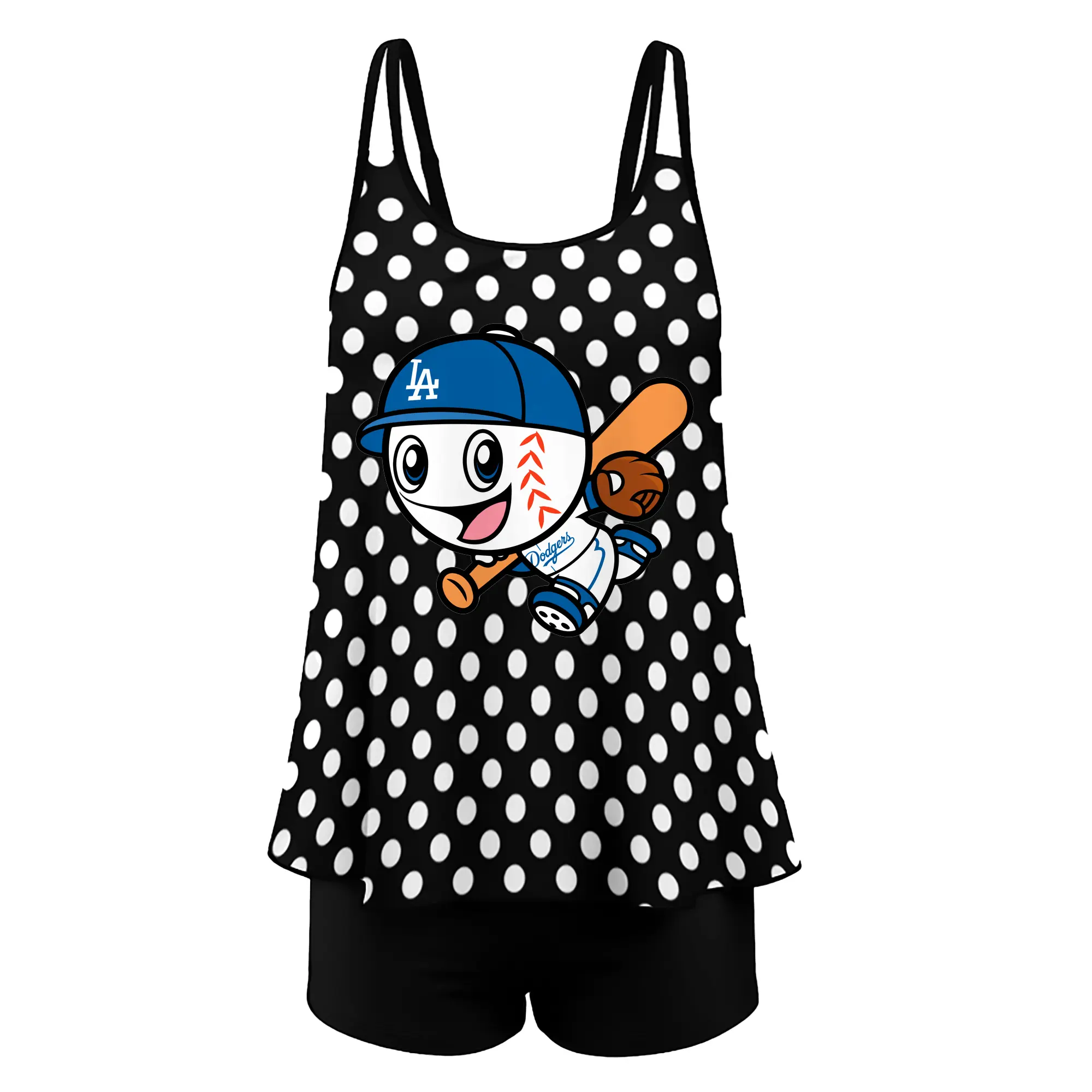 Cute Mr Dodger Running Play Baseball - Women’s Heat Transfer Printed Two-Piece Swimsuit Set – Sexy Double Strap Bandeau Top & Boyshort Bottoms, Soft Nylon-Spandex – Perfect for Beach, Pool & Vacation