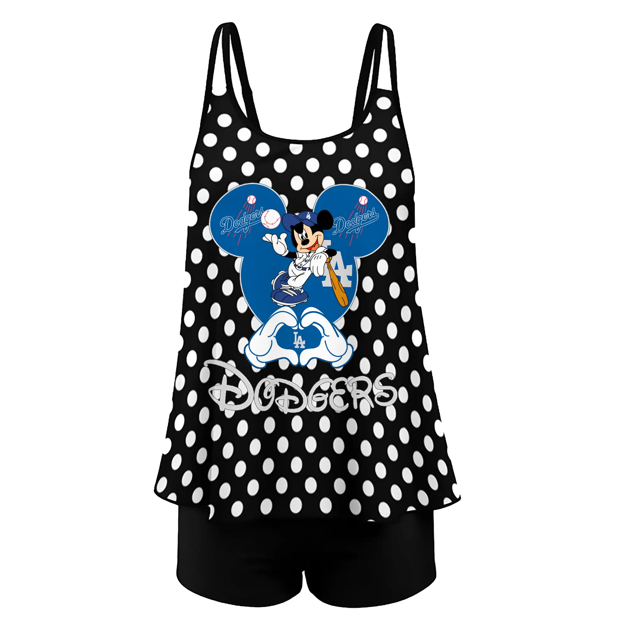 Disney Mickey Mouse Loves Los Angeles Dodgers Heart - Women’s Heat Transfer Printed Two-Piece Swimsuit Set – Sexy Double Strap Bandeau Top & Boyshort Bottoms, Soft Nylon-Spandex – Perfect for Beach, Pool & Vacation