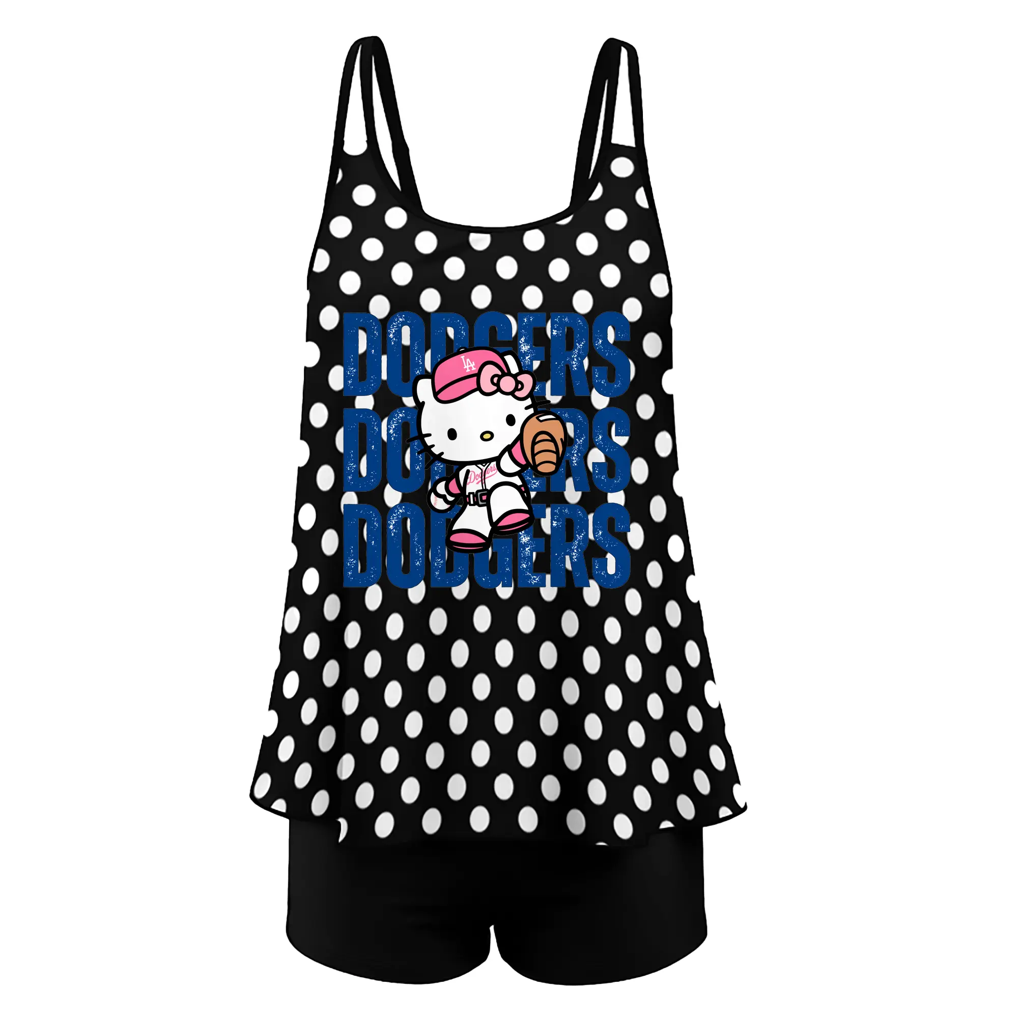 Dodgers Baseball Hello Kitty - Women’s Heat Transfer Printed Two-Piece Swimsuit Set – Sexy Double Strap Bandeau Top & Boyshort Bottoms, Soft Nylon-Spandex – Perfect for Beach, Pool & Vacation