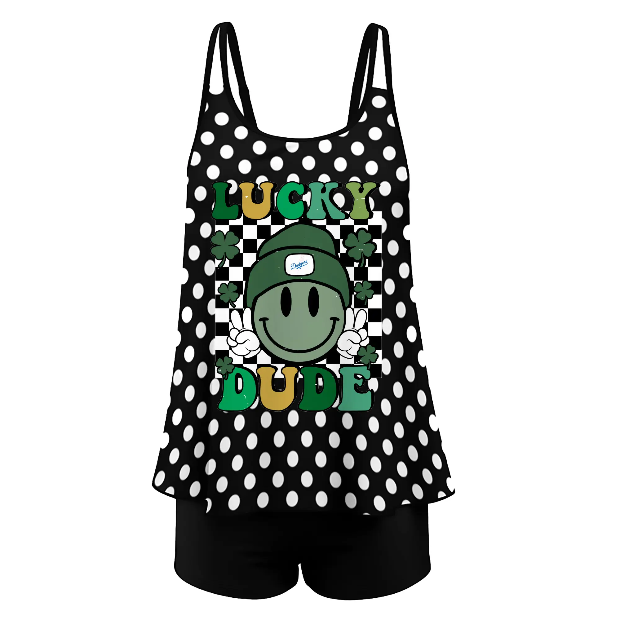 Happy Face Lucky Dude Los Angeles Dodgers - Women’s Heat Transfer Printed Two-Piece Swimsuit Set – Sexy Double Strap Bandeau Top & Boyshort Bottoms, Soft Nylon-Spandex – Perfect for Beach, Pool & Vacation