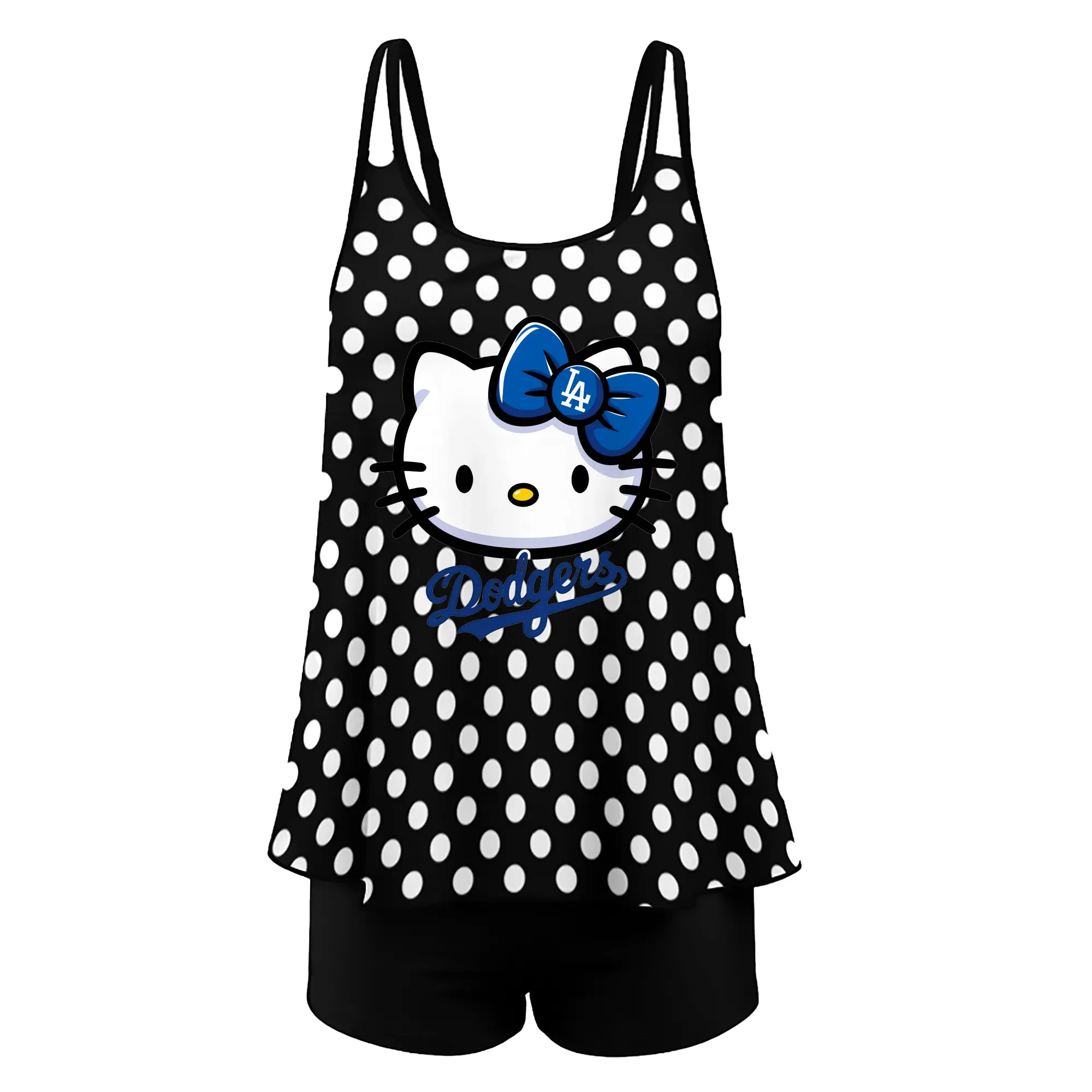 Hello Kitty Baseball LA Dodgers - Women’s Heat Transfer Printed Two-Piece Swimsuit Set – Sexy Double Strap Bandeau Top & Boyshort Bottoms, Soft Nylon-Spandex – Perfect for Beach, Pool & Vacation