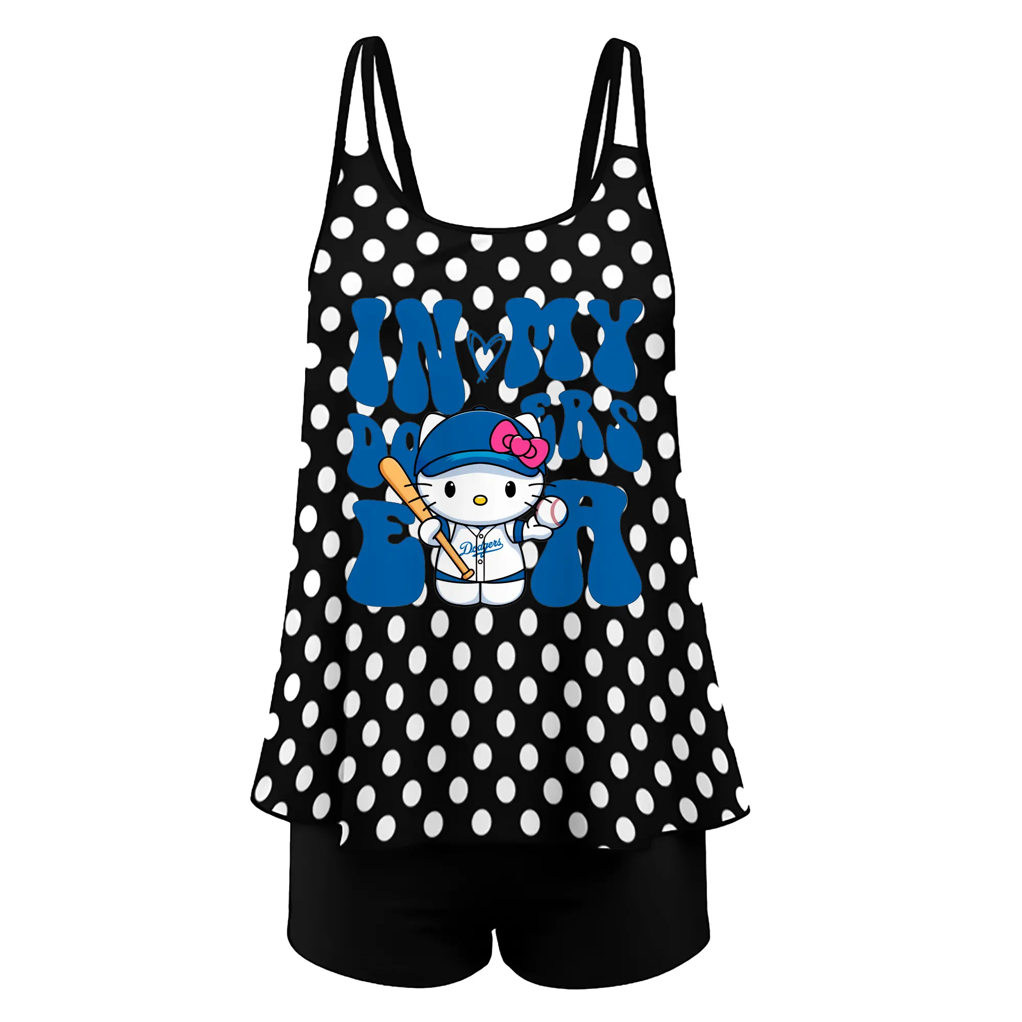 In My Dodgers Era Hello Kitty Baseball - Women’s Heat Transfer Printed Two-Piece Swimsuit Set – Sexy Double Strap Bandeau Top & Boyshort Bottoms, Soft Nylon-Spandex – Perfect for Beach, Pool & Vacation