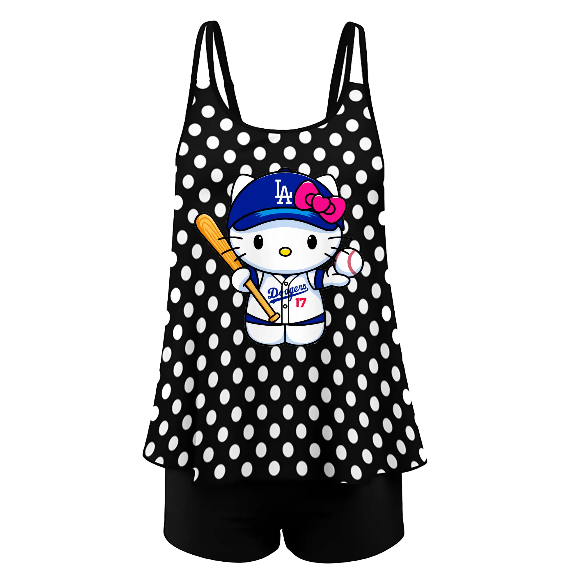 LA Dodgers Hello Kitty MLB Team - Women’s Heat Transfer Printed Two-Piece Swimsuit Set – Sexy Double Strap Bandeau Top & Boyshort Bottoms, Soft Nylon-Spandex – Perfect for Beach, Pool & Vacation