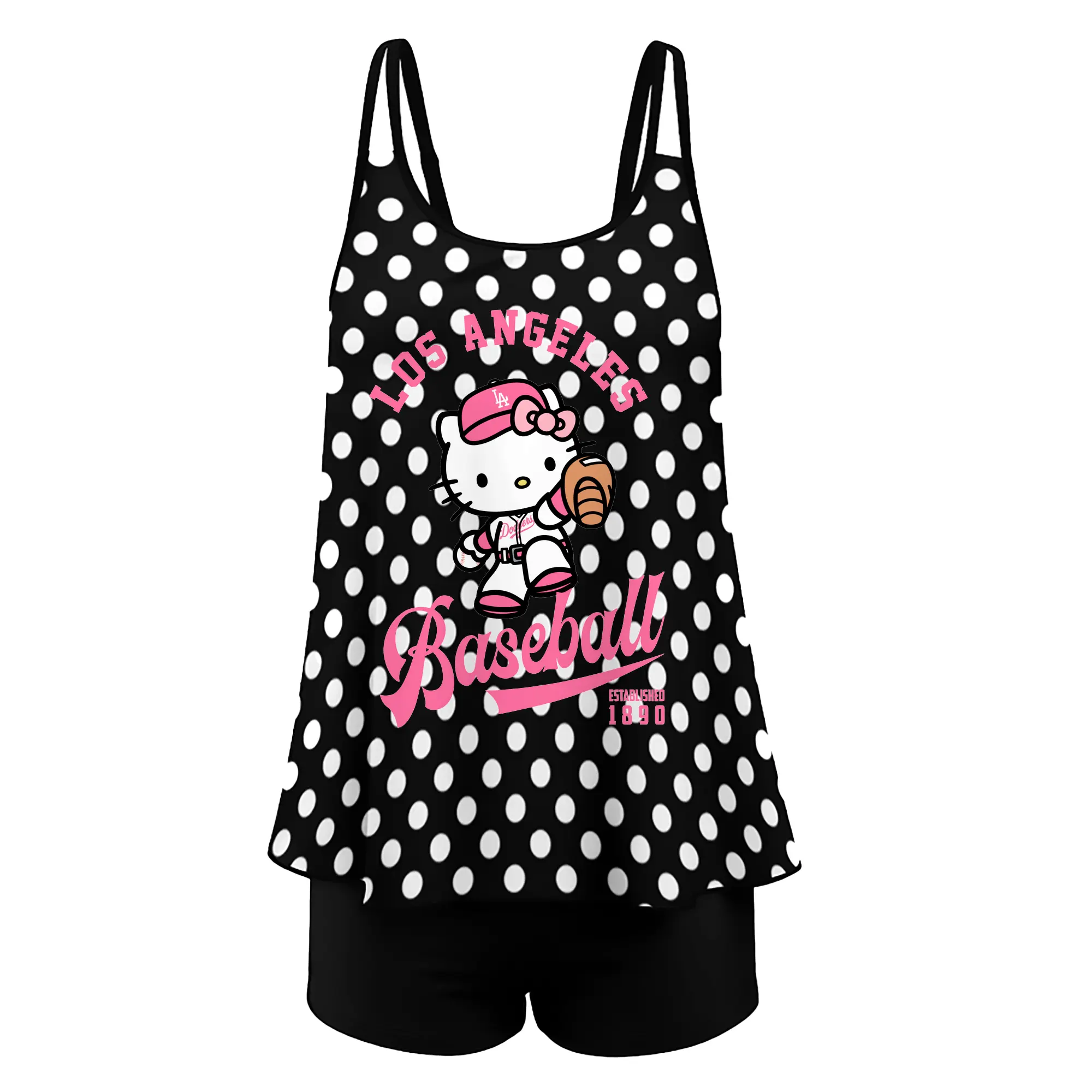 Los Angeles Baseball Hello Kitty - Women’s Heat Transfer Printed Two-Piece Swimsuit Set – Sexy Double Strap Bandeau Top & Boyshort Bottoms, Soft Nylon-Spandex – Perfect for Beach, Pool & Vacation
