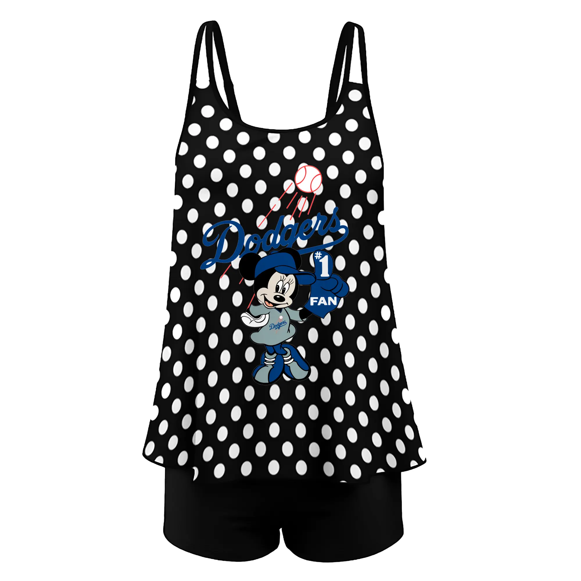 Minnie Mouse Los Angeles Dodgers Baseball - Women’s Heat Transfer Printed Two-Piece Swimsuit Set – Sexy Double Strap Bandeau Top & Boyshort Bottoms, Soft Nylon-Spandex – Perfect for Beach, Pool & Vacation