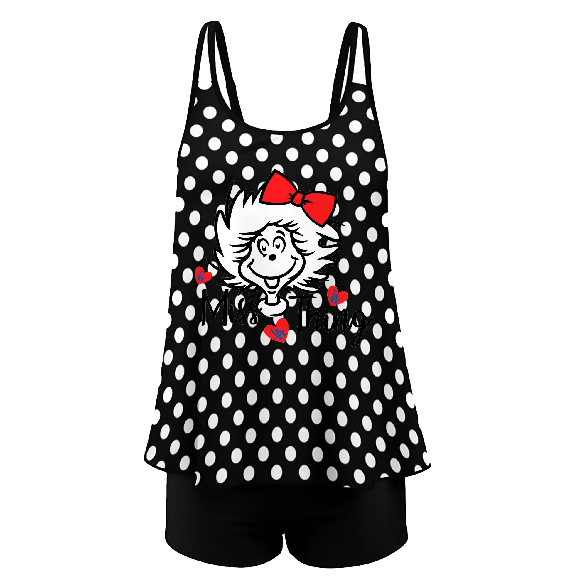 Miss Thing Dr Seuss Hearts Los Angeles Dodgers - Women’s Heat Transfer Printed Two-Piece Swimsuit Set – Sexy Double Strap Bandeau Top & Boyshort Bottoms, Soft Nylon-Spandex – Perfect for Beach, Pool & Vacation