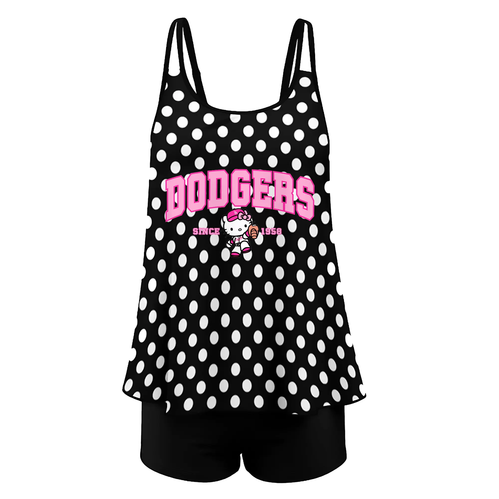 Pink Baseball Hello Kitty Dodgers - Women’s Heat Transfer Printed Two-Piece Swimsuit Set – Sexy Double Strap Bandeau Top & Boyshort Bottoms, Soft Nylon-Spandex – Perfect for Beach, Pool & Vacation