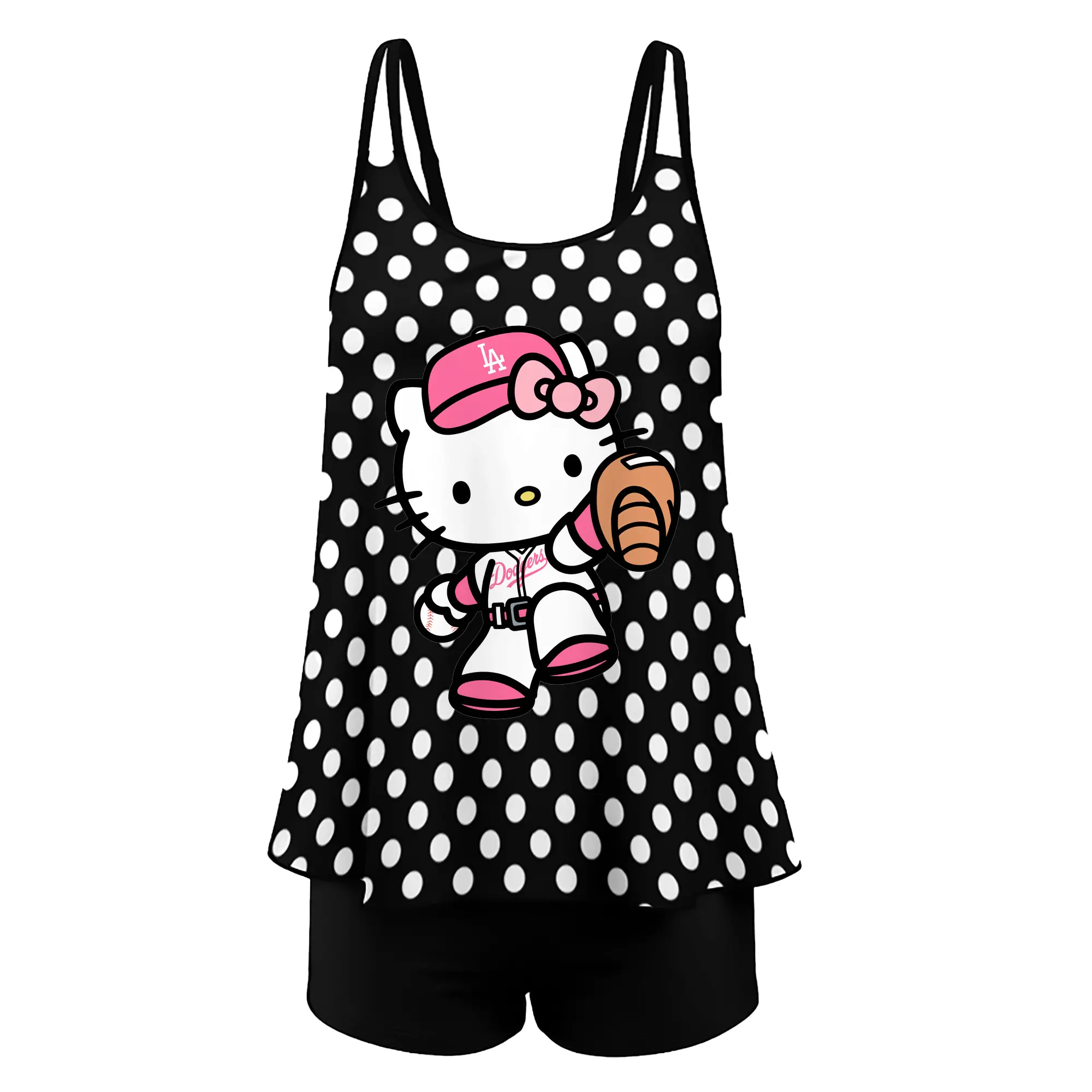 Pink Hello Kitty Play Baseball Los Angeles Dodgers - Women’s Heat Transfer Printed Two-Piece Swimsuit Set – Sexy Double Strap Bandeau Top & Boyshort Bottoms, Soft Nylon-Spandex – Perfect for Beach, Pool & Vacation